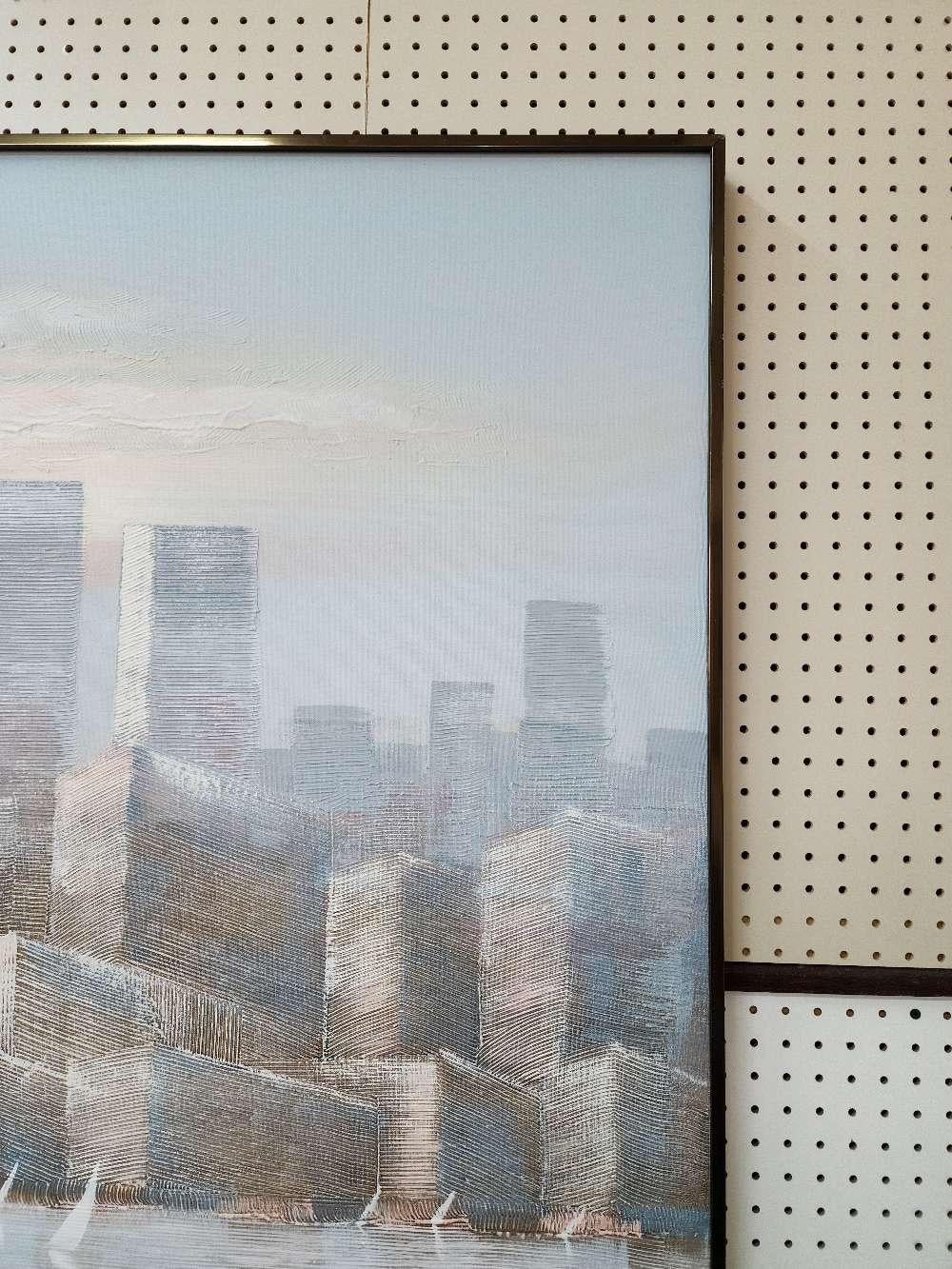 Large Abstract Textured Cityscape w/ Sailboats by Lee Reynolds in Pastels/Grays For Sale 1