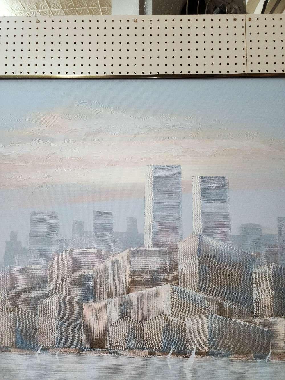 Grand paysage urbain abstrait texturé avec voiliers par Lee Reynolds en pastel/gris en vente 1