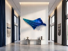 Wind Panel VI, Large Abstract Wall Sculpture - Billowing Fabric Form, Blue Fade