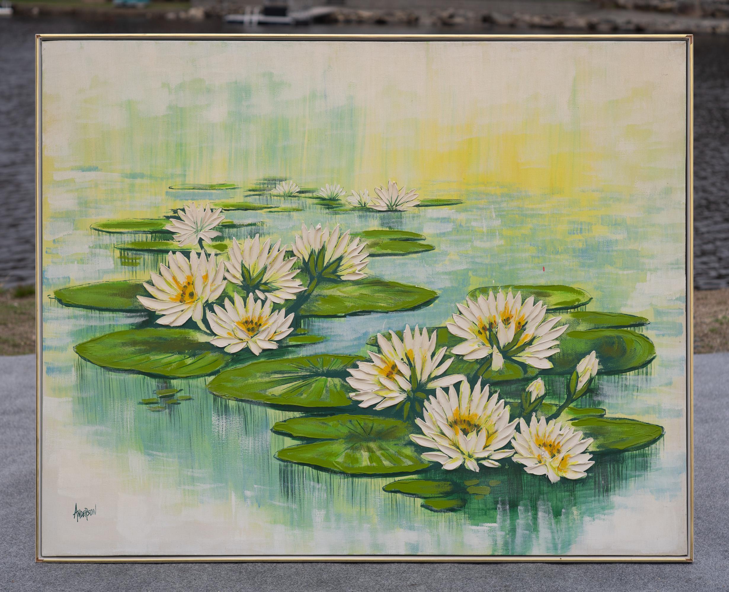 Dipinto negli Stati Uniti intorno agli anni '70, questo quadro presenta toni caldi di verde intenso, bianco e giallo pallido su uno sfondo di bianco caldo e verde acqua chiaro. Una piacevole combinazione di colori che, quando viene descritta, sembra