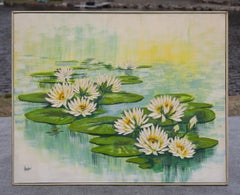 Large Abstract Waterlilies Painting Oil on Canvas, Signed Anderson, Circa 1970s
