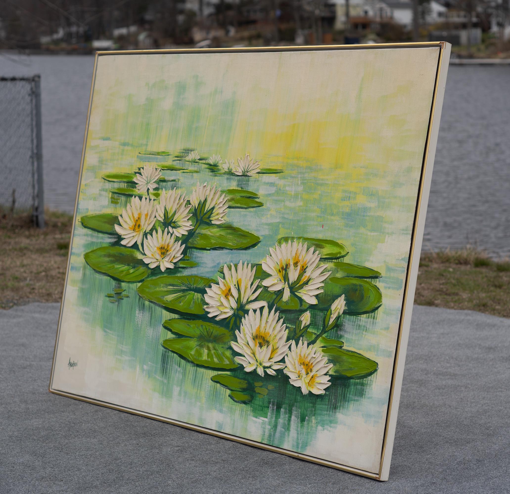 Mid-Century moderno Grande quadro astratto di ninfee olio su tela, firmato Anderson, circa anni '70 in vendita