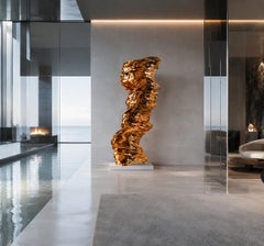 Grande scultura astratta a forma di onda - Oro cromato, scultura da pavimento