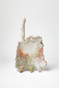 Large abstract white and red ceramic sculpture by Laurent Petit design 50 cm