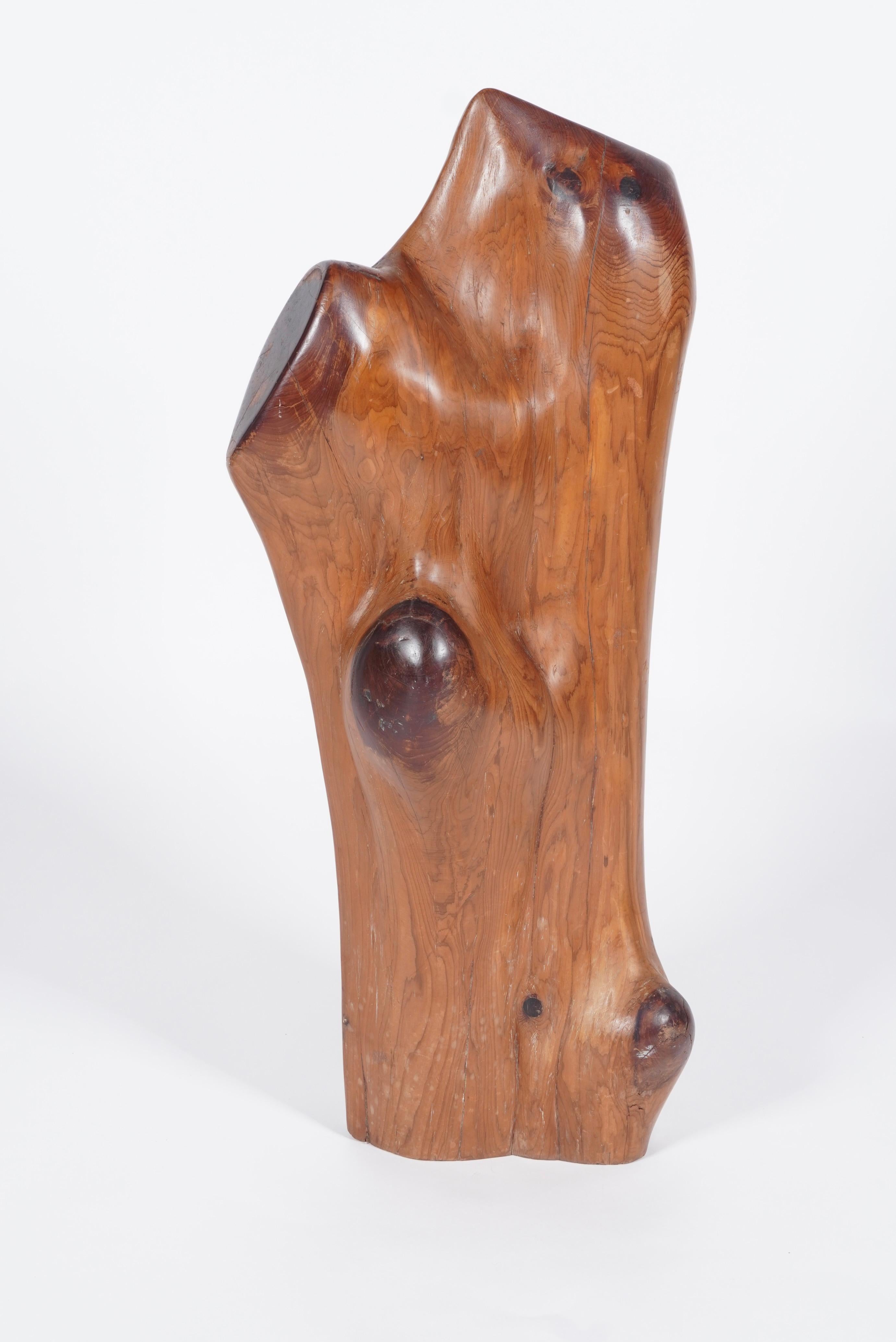 Large abstract wooden sculpture, created from a naturally occurring form that has been sanded and polished giving it a silky texture with a slight sheen. The piece has age and is reported to be from the 1960s.