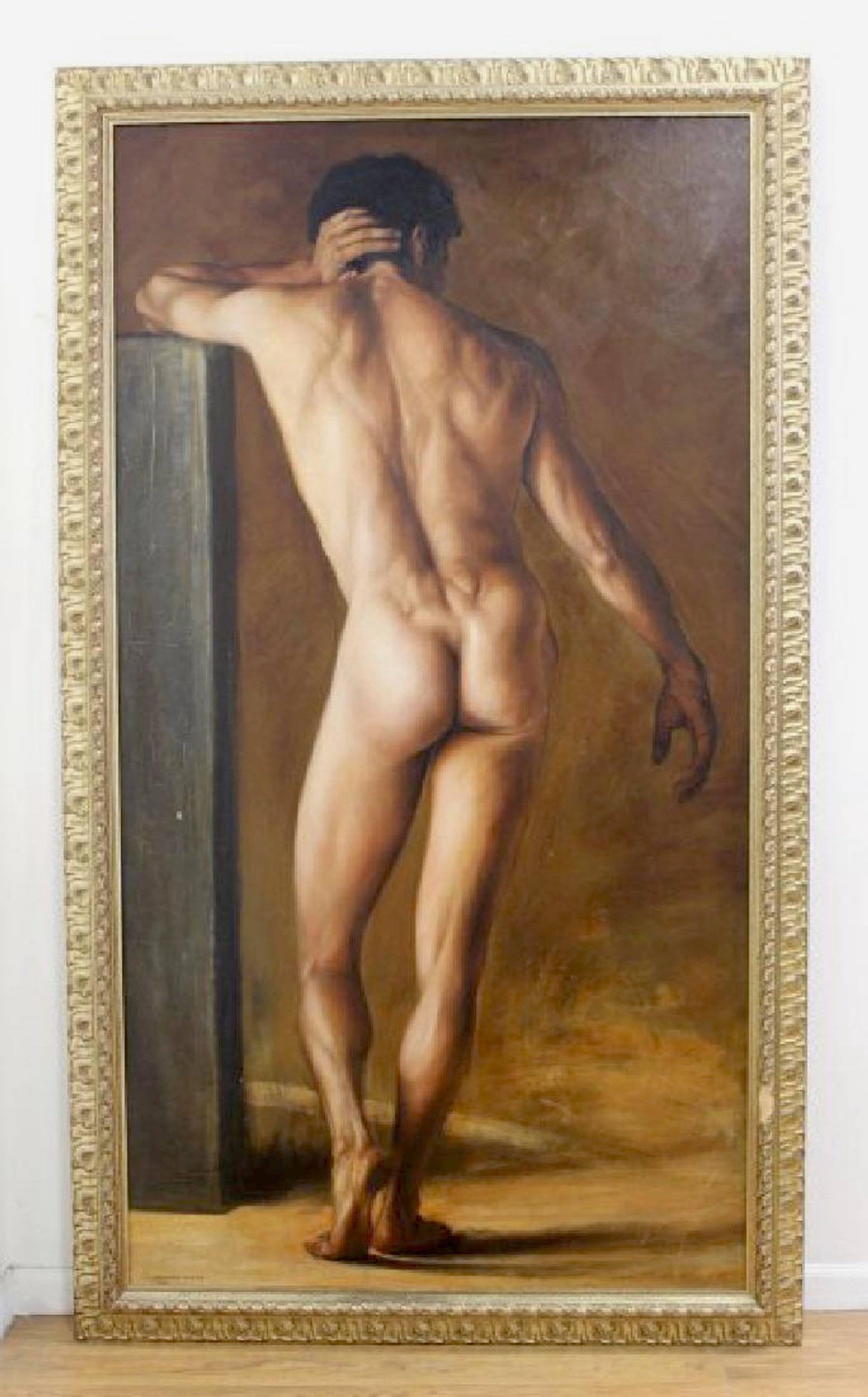 Large academic style male nude by Gunnar Ahmer, 2002
Signed lower left Gunnar Ahmer 2002
Gunnar Ahmer was born and raised in Bergen, Norway. He has lived, studied, and worked in Europe, Far East, and Mexico, He now resides in Los Angeles,