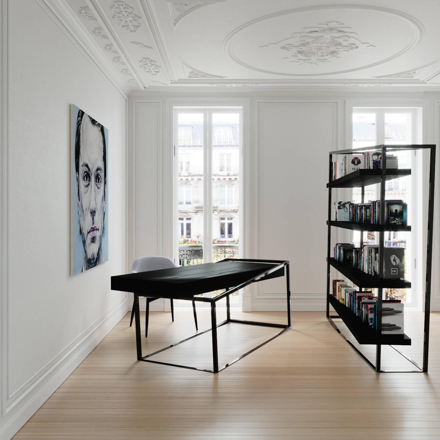 Modernes, großes Akzent-Bücherregal mit Einlegeböden in hochglänzendem und mattem schwarzem Lack (Gebürstet) im Angebot