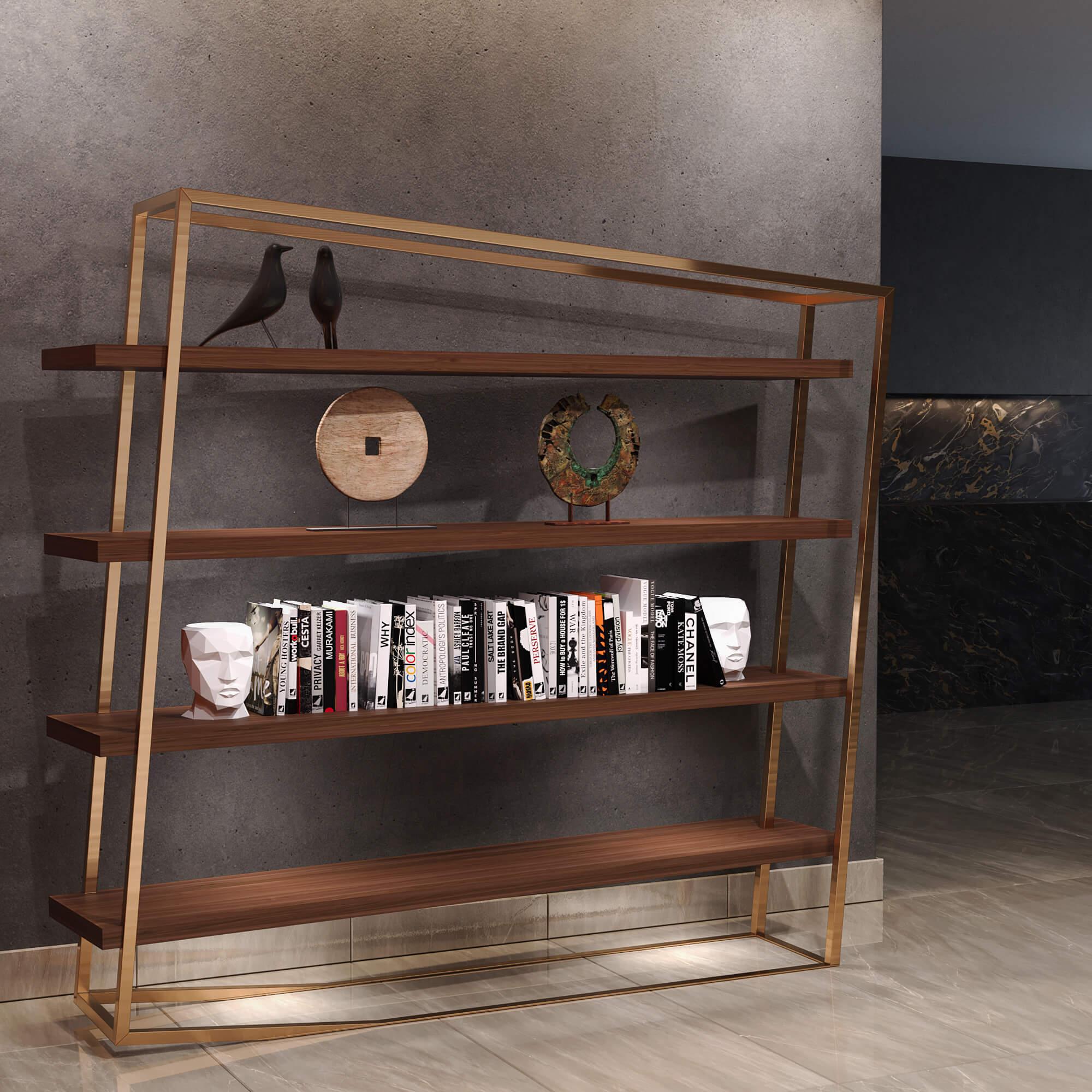 Modern Large Accent Bookcase with Shelves Tineo Wood and Brushed Stainless Steel For Sale 4