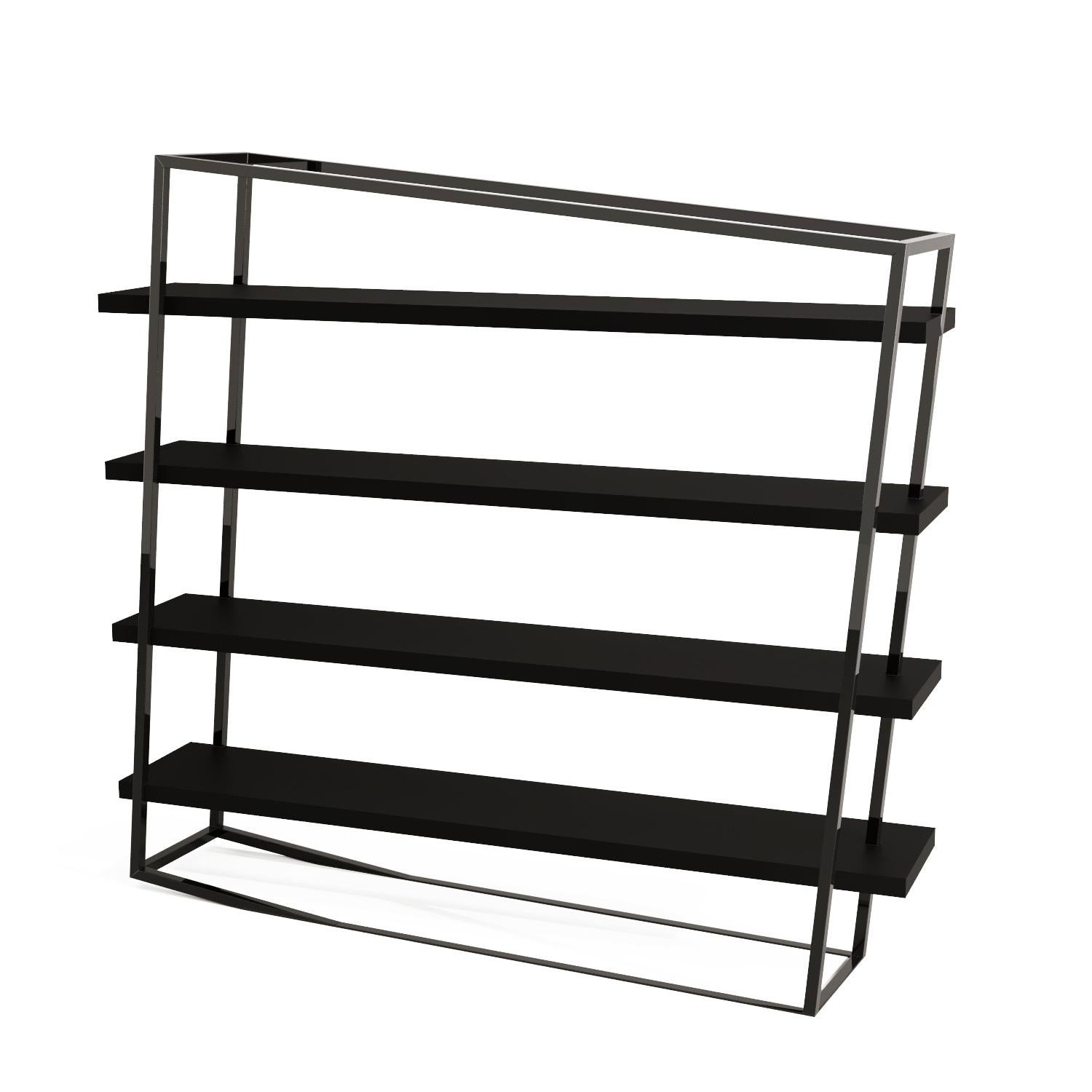 Modern Large Accent Bookcase with Shelves Tineo Wood and Brushed Stainless Steel For Sale 1