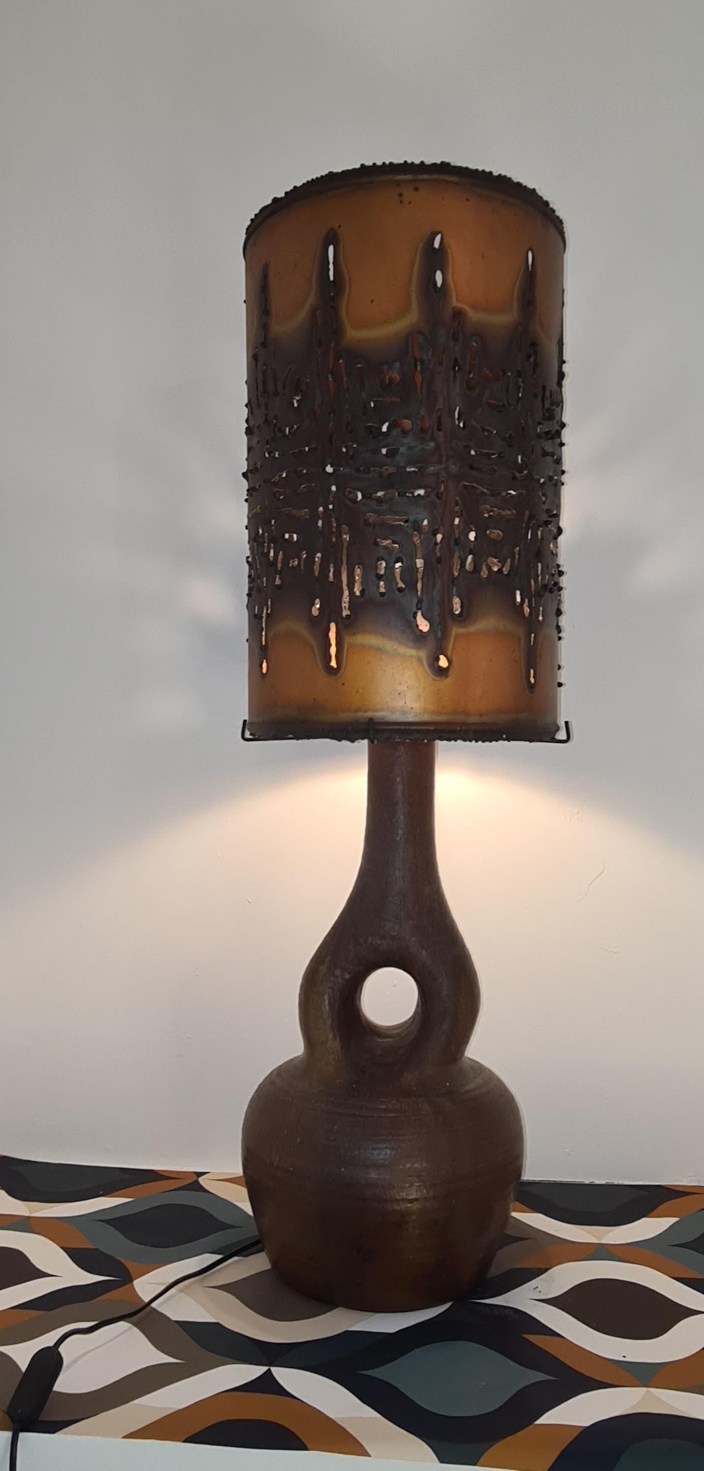 Ceramic Large Accolay Lamp with Perforated Copper Lampshade For Sale