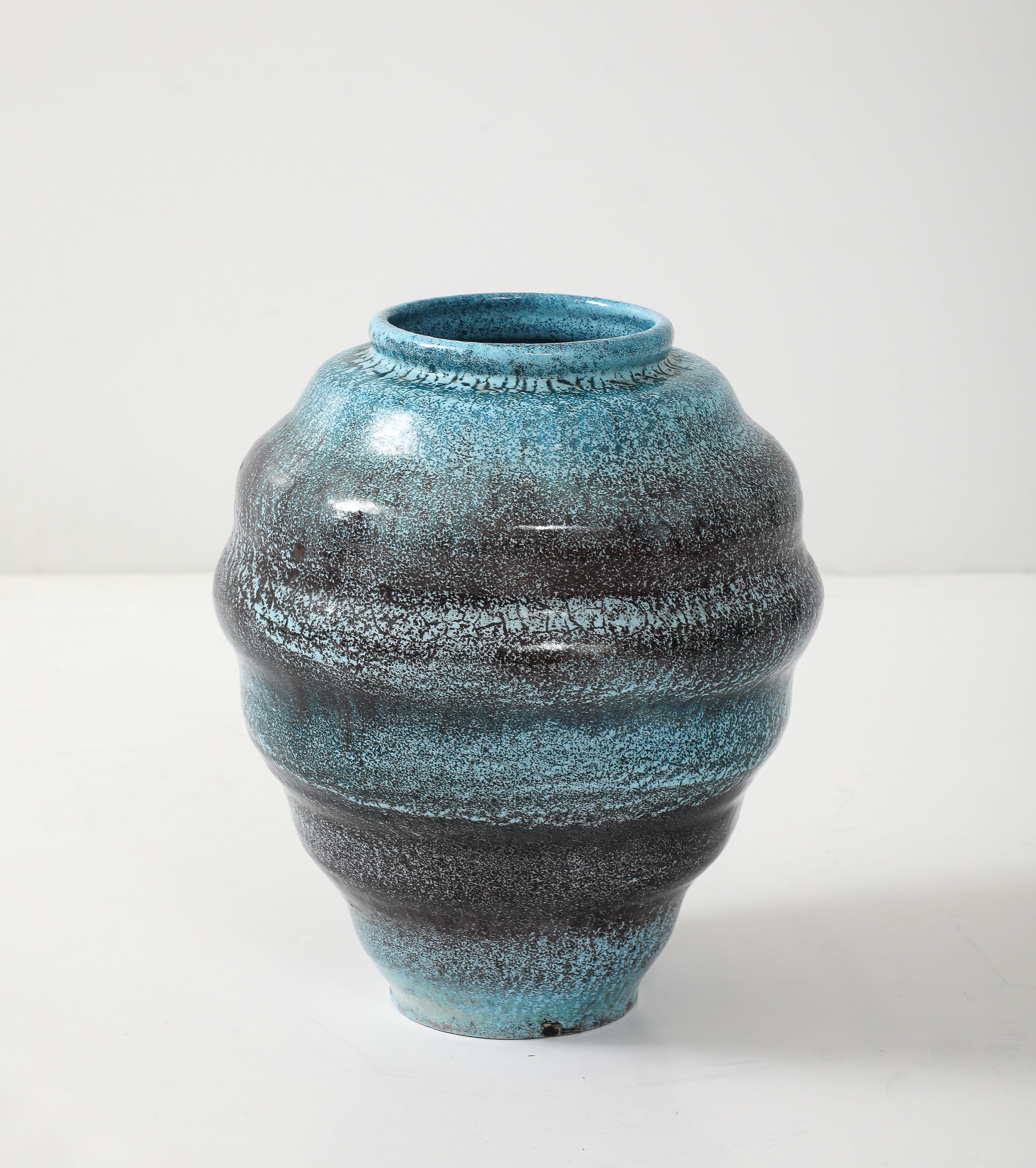French Large Accolay Turquoise Vessel For Sale