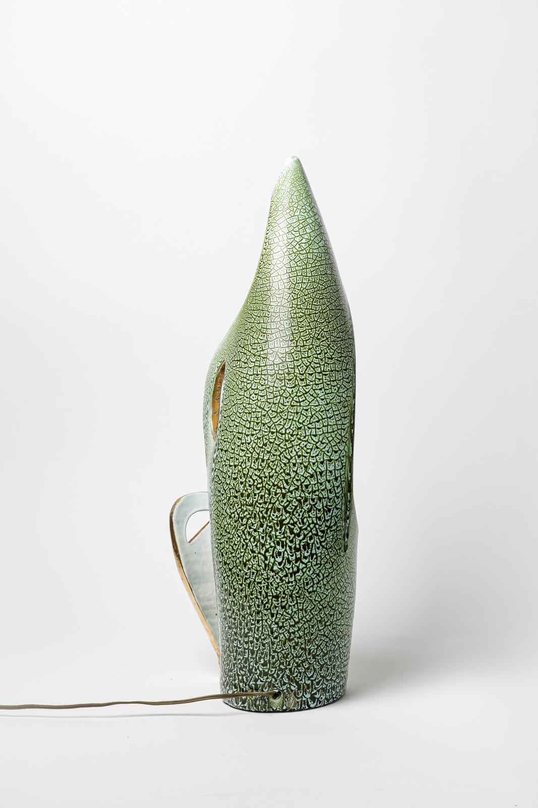 Grande lampe de table accolayr flammée blanc vert et or design 1950 57 cm Excellent état - En vente à Neuilly-en- sancerre, FR