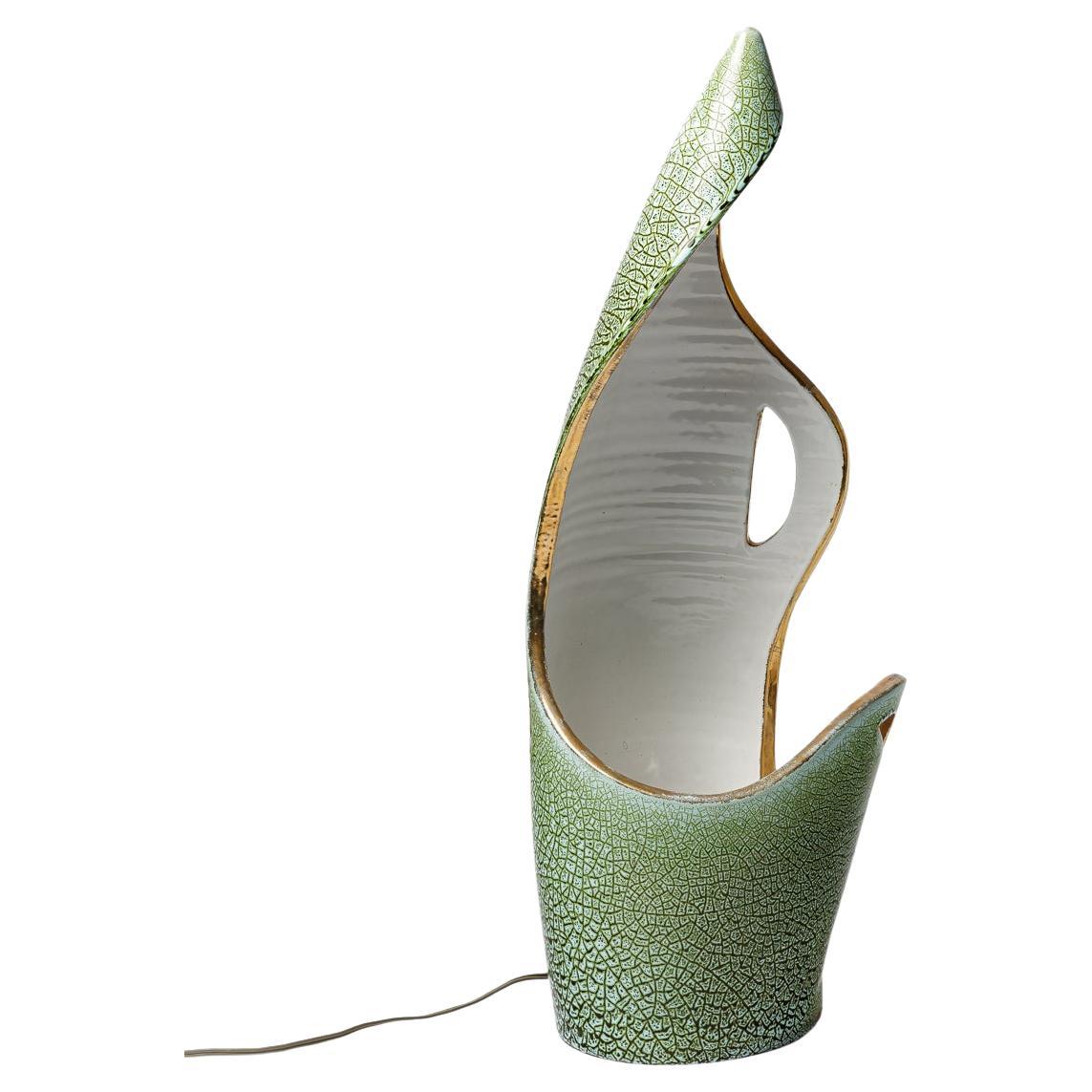 Grande lampe de table accolayr flammée blanc vert et or design 1950 57 cm en vente