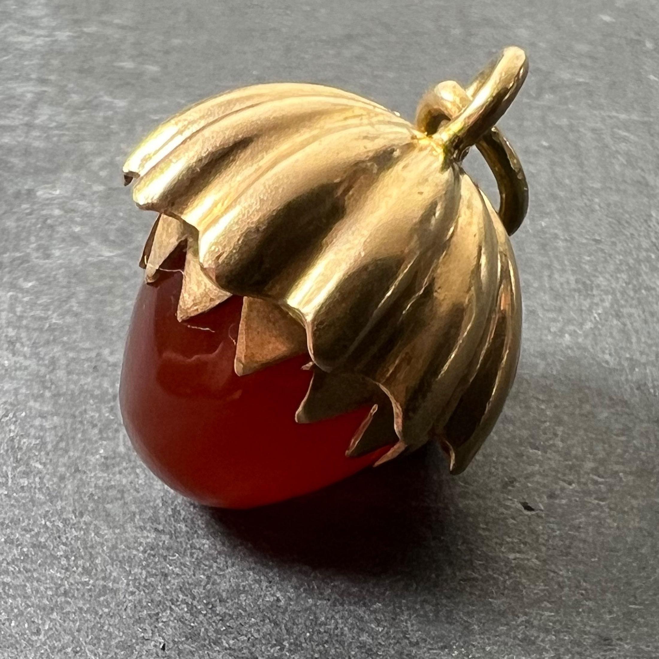 Cabochon Large Acorn Carnelian 18K Yellow Gold Charm Pendant For Sale