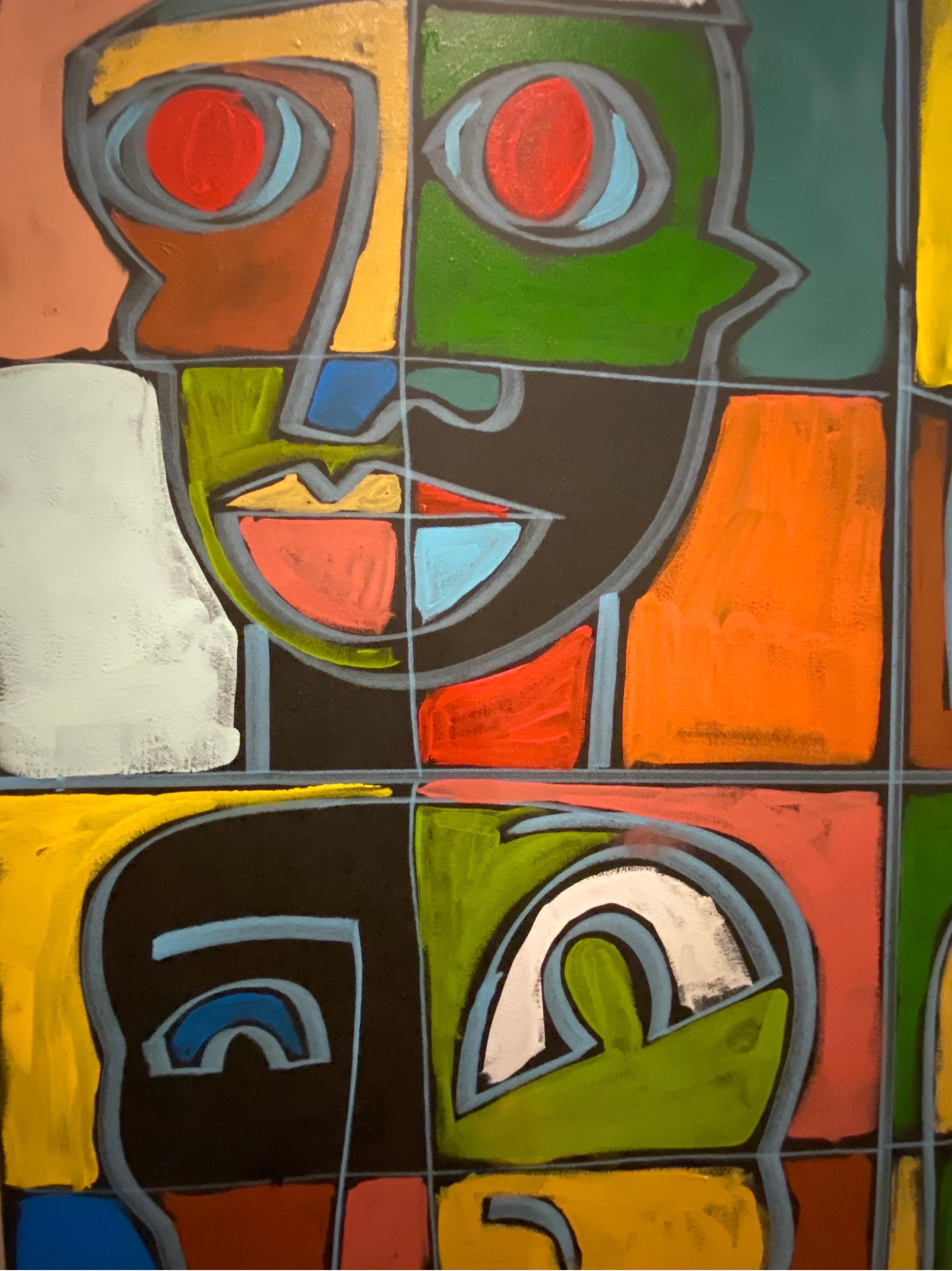 Impressive large unframed acrylic on canvas by Karl James Lubbering (b. 1969) is of a cubist style of two-dimensional faces in vibrant matte colors. Karl comes from a family of prominent Texas artists spanning several decades, embracing many styles,