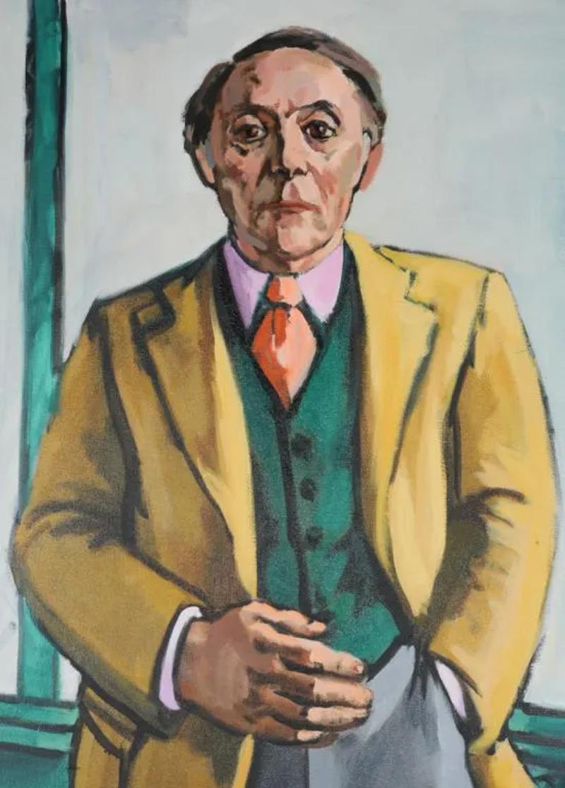 Late 20th Century acrylic on canvas painting of a man in yellow jacket by Richmond, Virginia artist Louis Briel (1945 - 2021). Briel specialized in celebrity portraits including a painting of Princess Diana is held in the private collection of Sir
