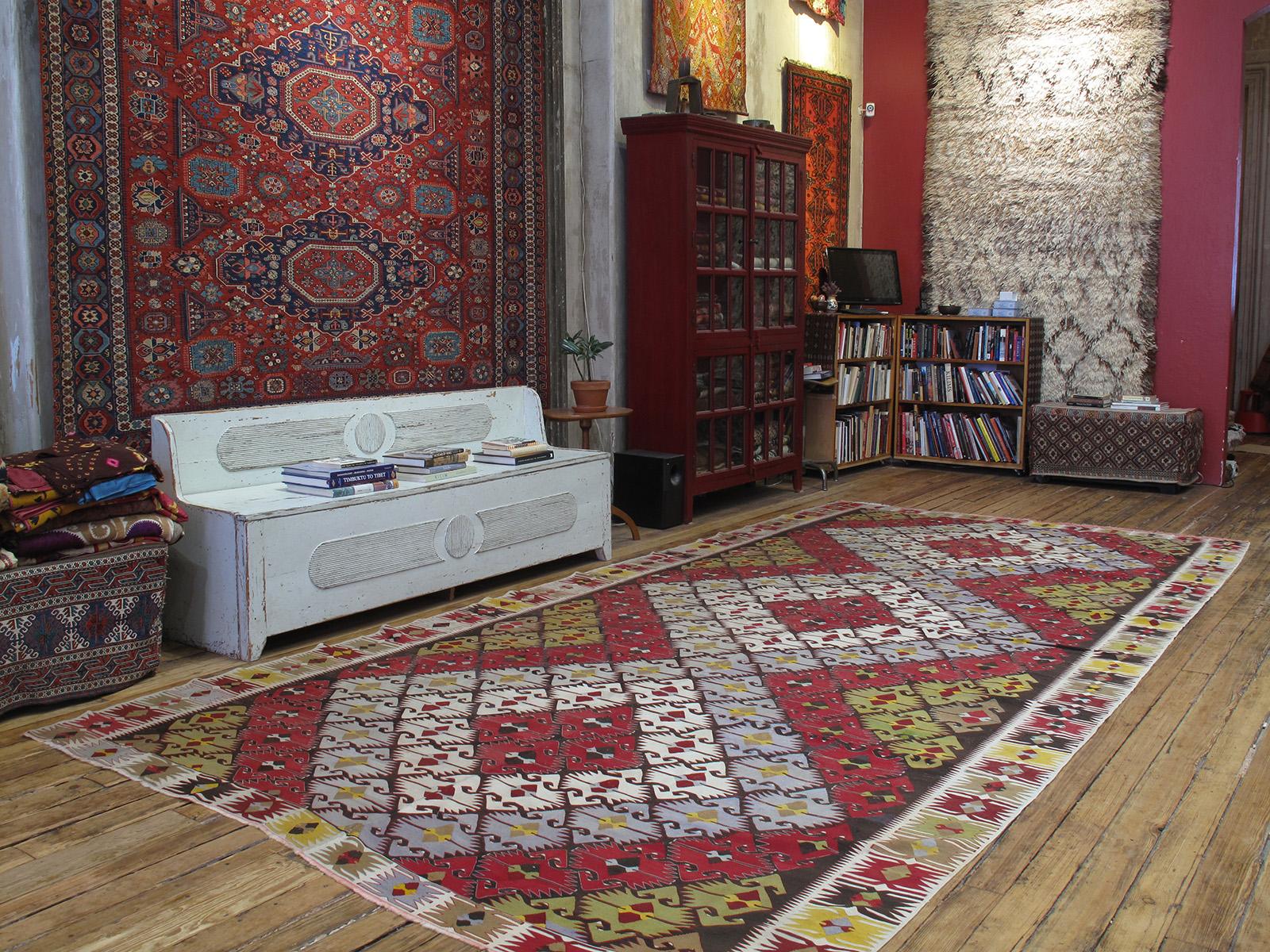 A Classic Turkish Kilim in unusually large size. Woven in two symmetrical halves, as is characteristic of this type.