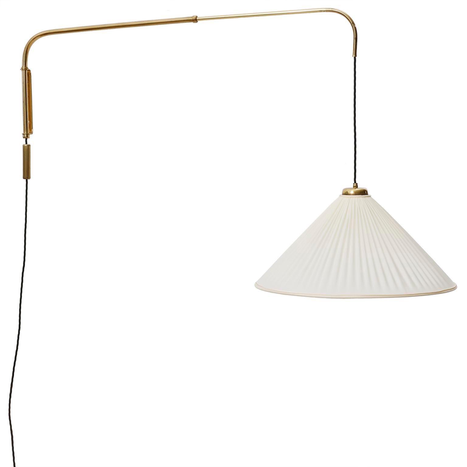 Austrian Large Adjustable Rotatable Wall Lamp, Brass Pleated Cream Fabric Shade, 1950s