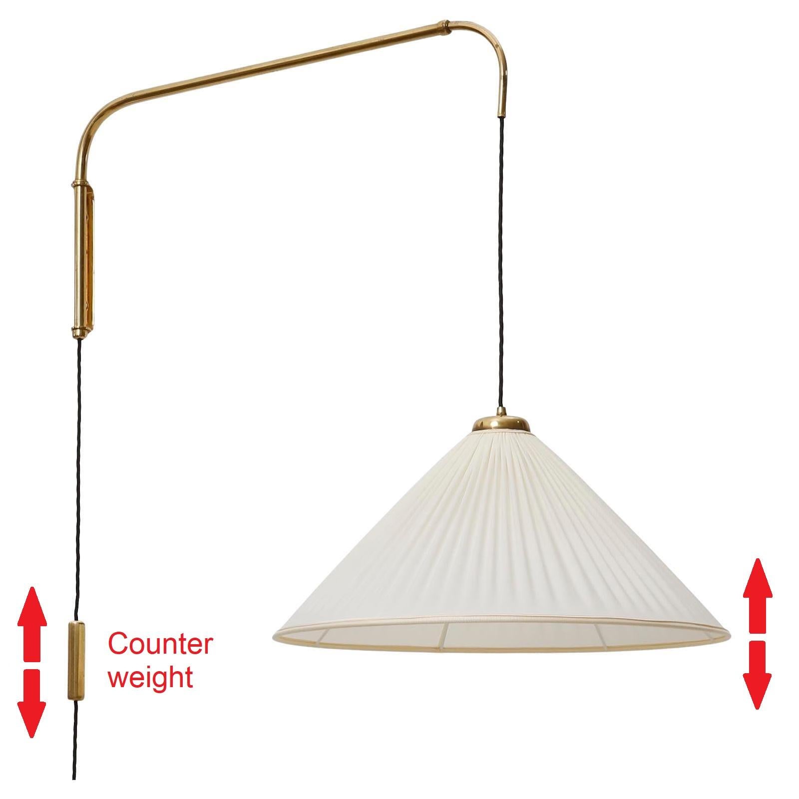 Polished Large Adjustable Rotatable Wall Lamp, Brass Pleated Cream Fabric Shade, 1950s