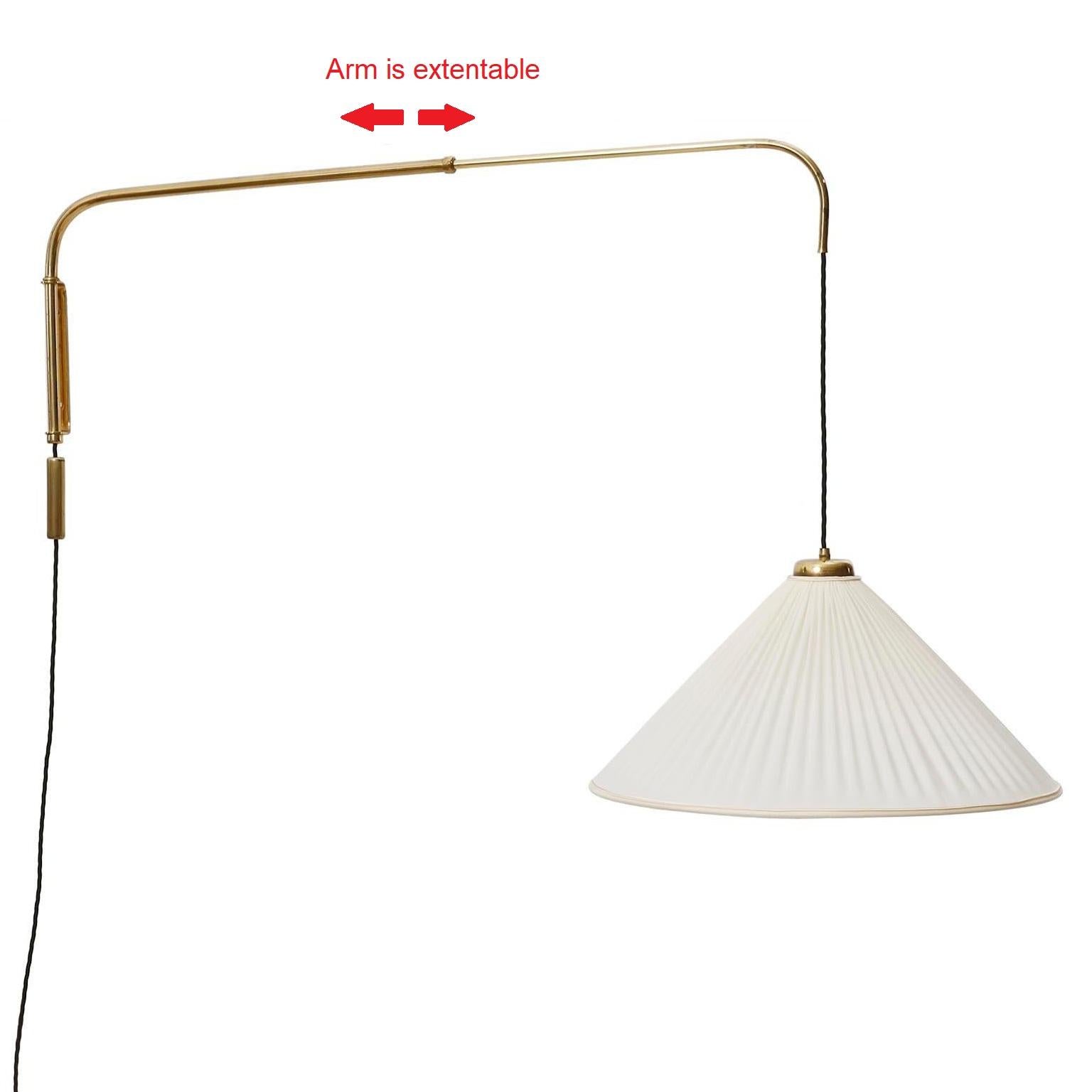 Mid-20th Century Large Adjustable Rotatable Wall Lamp, Brass Pleated Cream Fabric Shade, 1950s