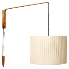Large Adjustable Rotatable Wall Lamp Brass Wood Pleated Cream Fabric Shade, 1960