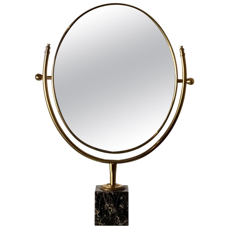 Large Adjustable Vanity Mirror in Brass with Italian Portoro Marble Base,  1960s For Sale at 1stDibs