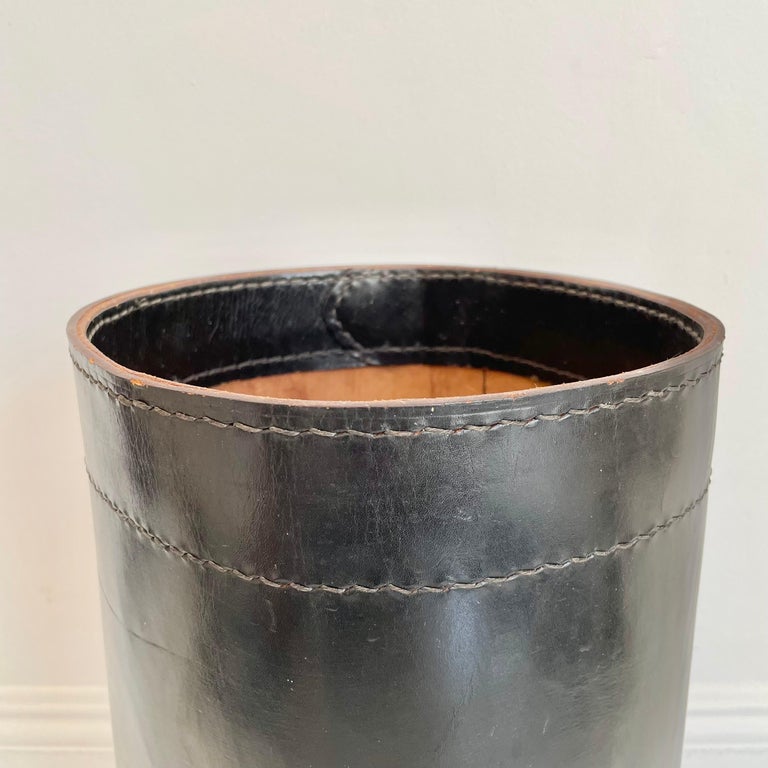 Large Style Waste Basket in Black Leather, 1950s France For Sale