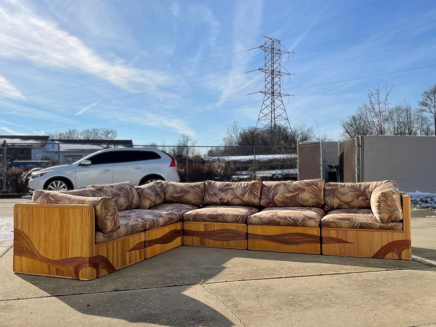 Large modular sectional sofa with pencil Reed organic motif case. Very uncommon design and case itself is in good to very good condition with small areas of abrasions or wear. A less common design by Adrian Pearsall.

Dimensions:
As shown about