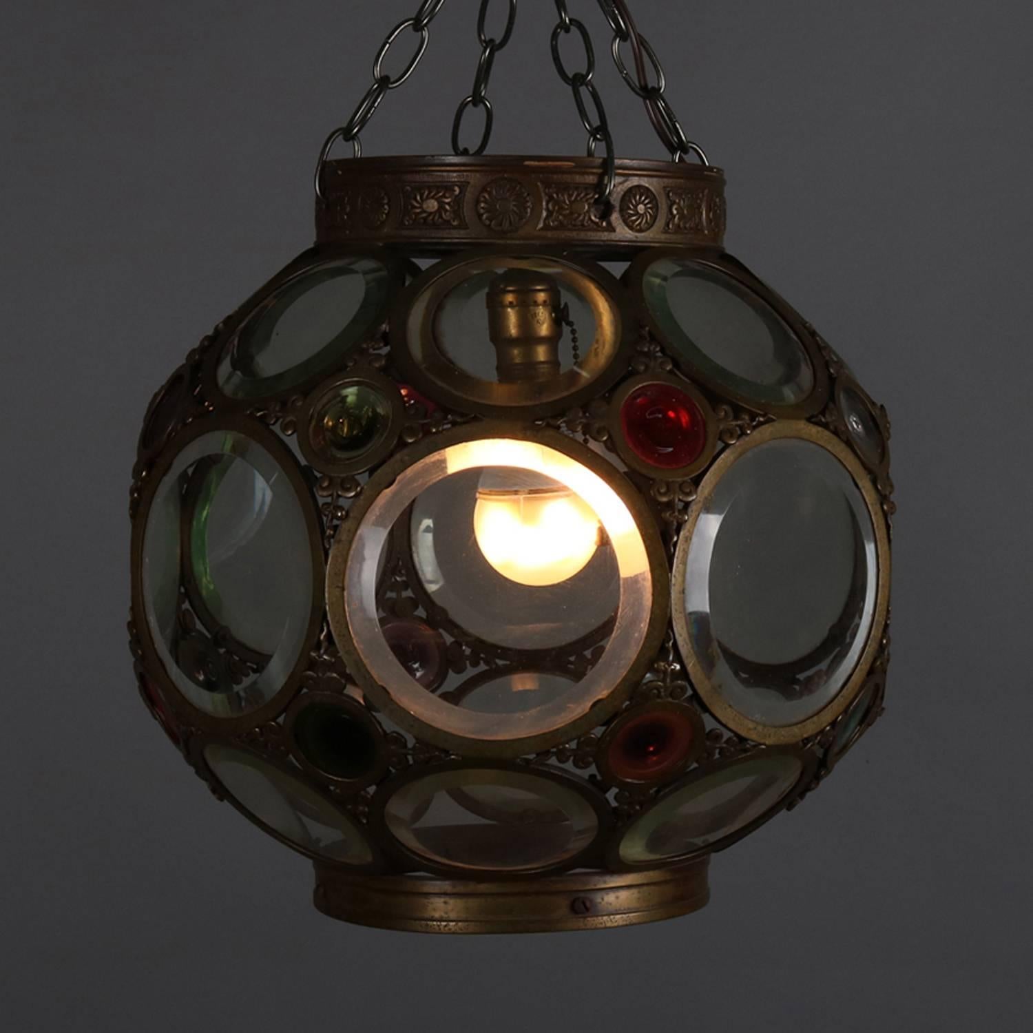 Large Aesthetic Movement Belchers School Bronzed and Jeweled Hanging Light 2