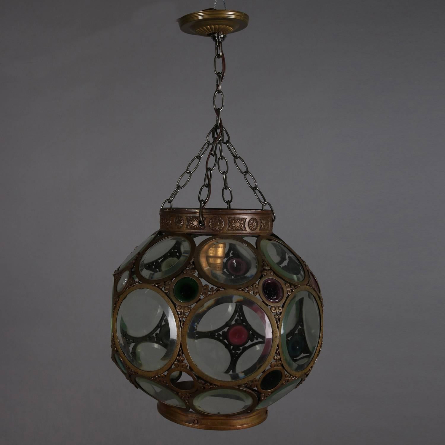 Large Aesthetic Movement Belchers School Bronzed and Jeweled Hanging Light 4