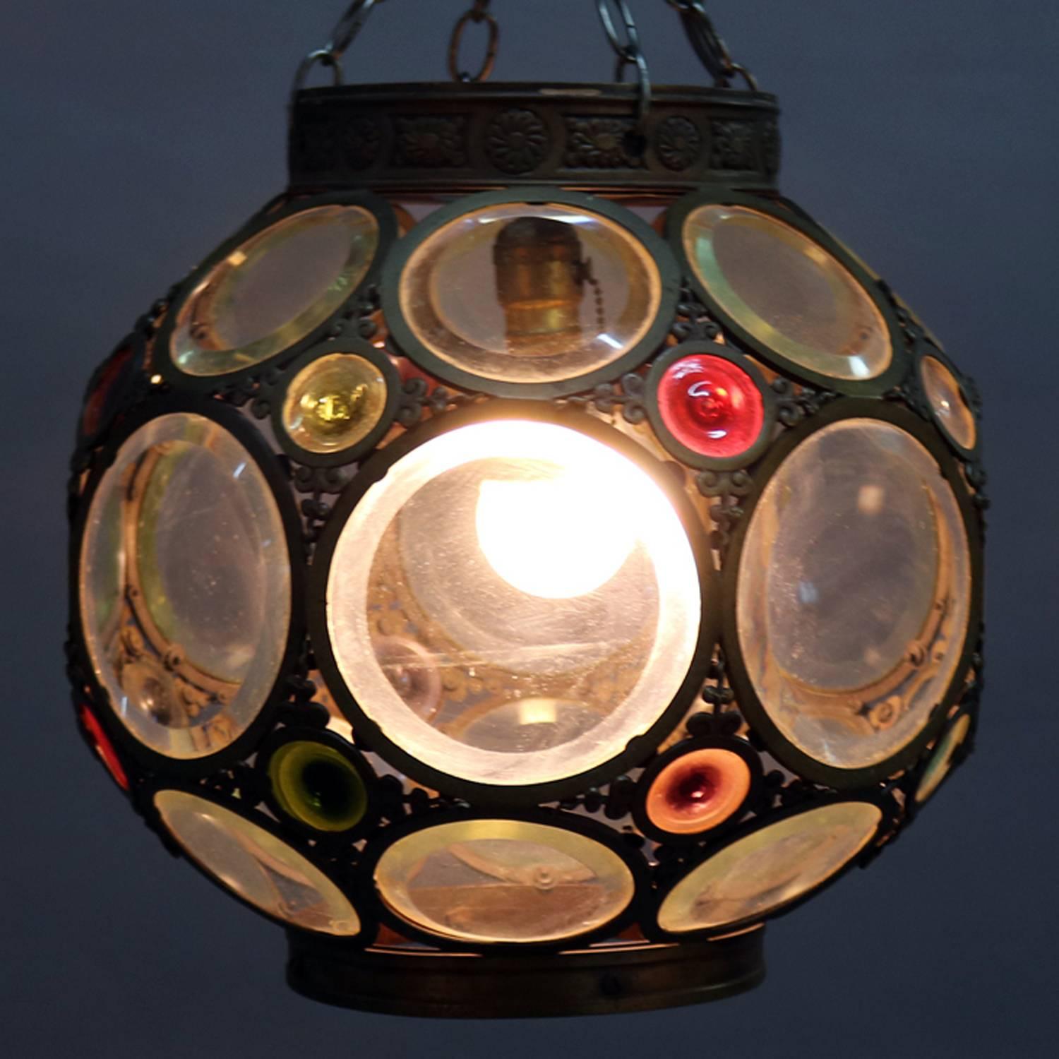 Arts and Crafts Large Aesthetic Movement Belchers School Bronzed and Jeweled Hanging Light