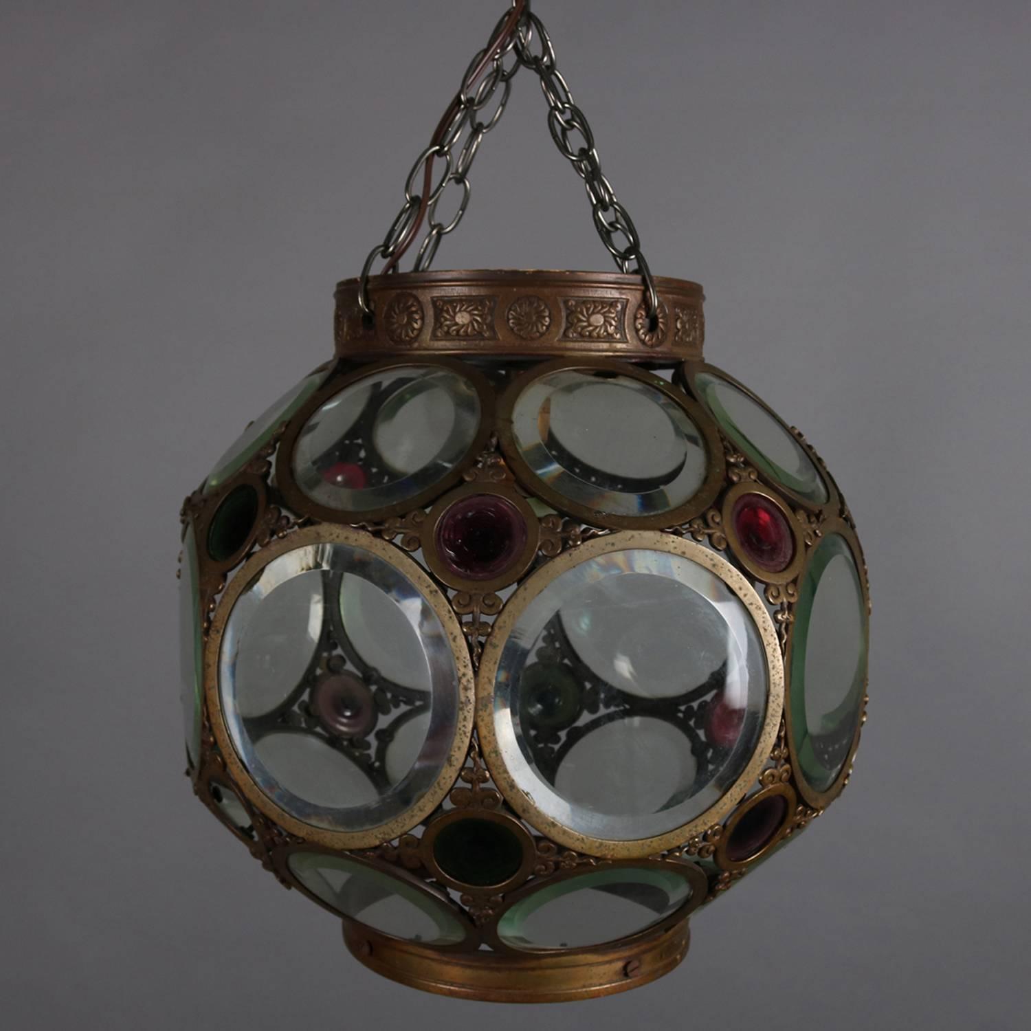 Stained Glass Large Aesthetic Movement Belchers School Bronzed and Jeweled Hanging Light