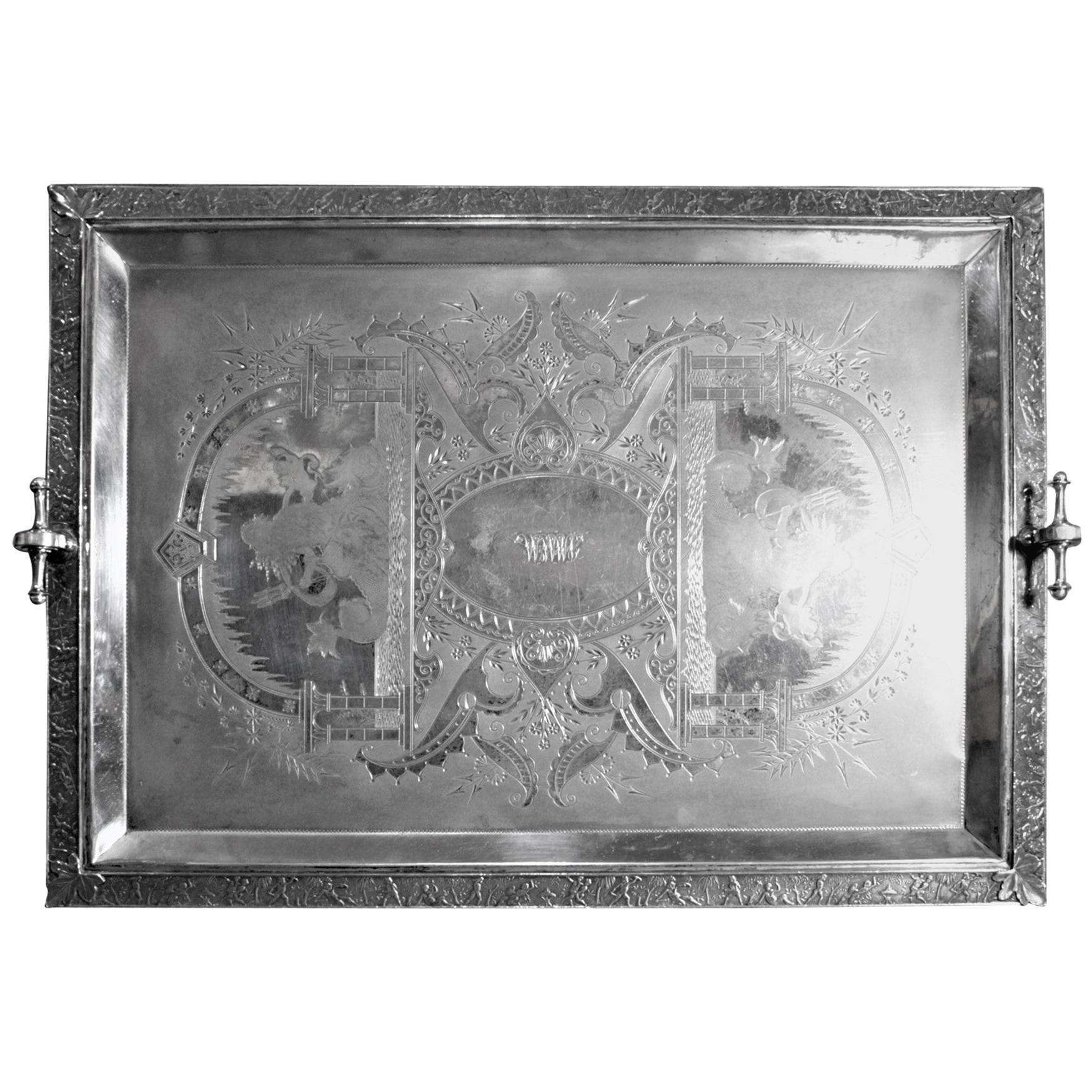 Large Aesthetic Movement Silver Plated Serving Tray with Warriors and Serpents For Sale