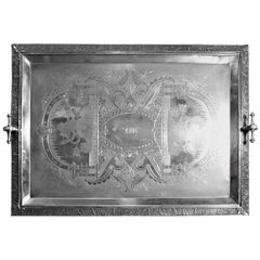 Antique Large Aesthetic Movement Silver Plated Serving Tray with Warriors and Serpents