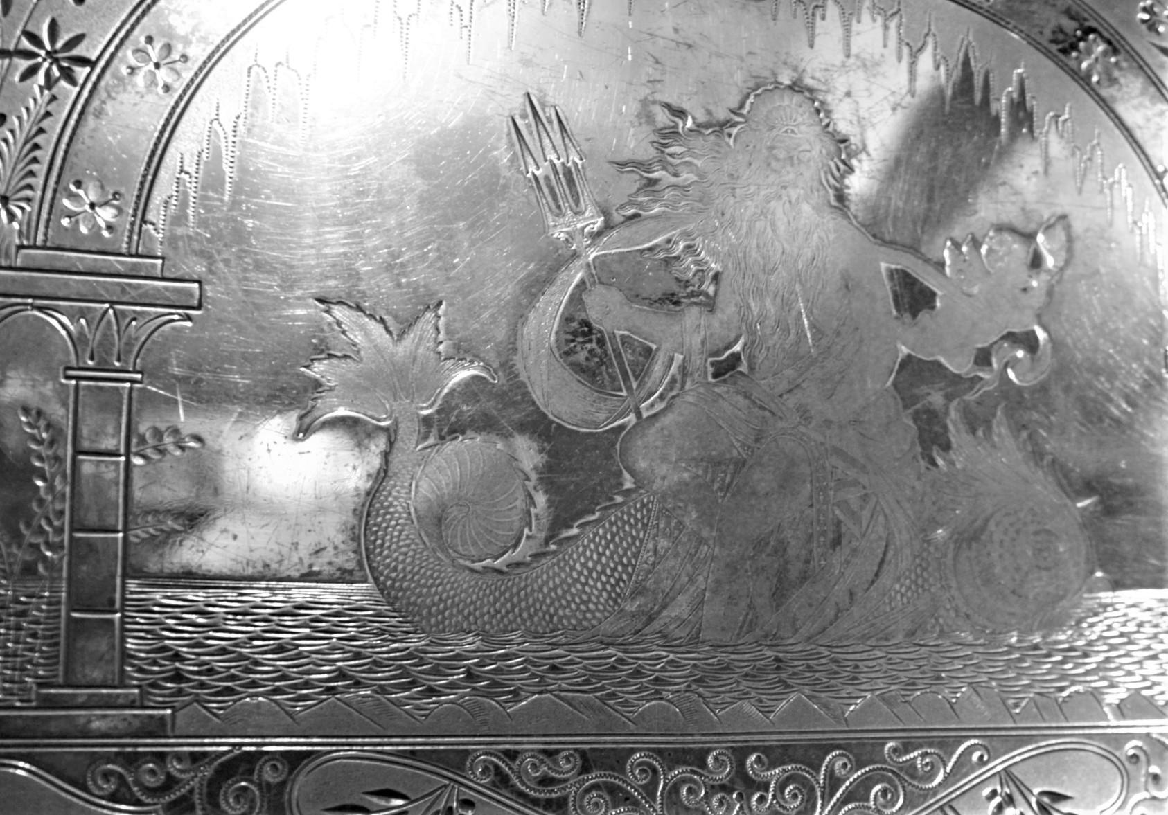 Large Aesthetic Movement Silver Plated Serving Tray with Warriors and Serpents In Good Condition For Sale In Hamilton, Ontario