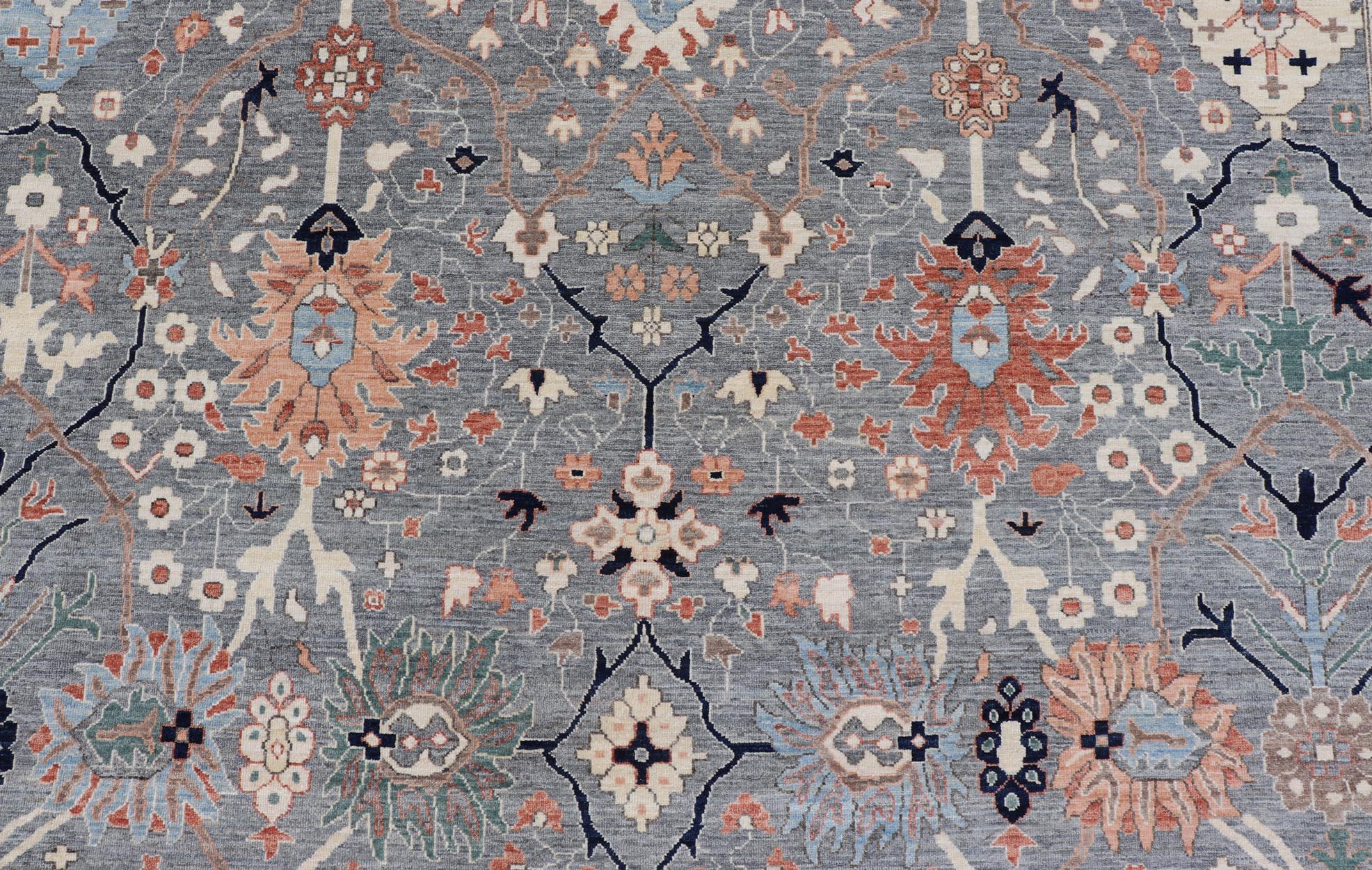 Large All-Over Designed Oushak with A Gray Background and Bright Motifs For Sale 3