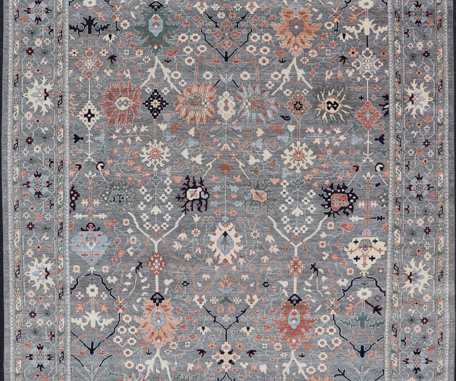 Large All-Over Designed Oushak with A Gray Background and Bright Motifs For Sale 4