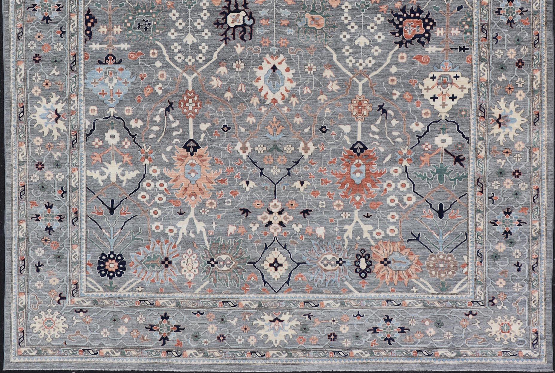 Large All-Over Designed Oushak with A Gray Background and Bright Motifs For Sale 5