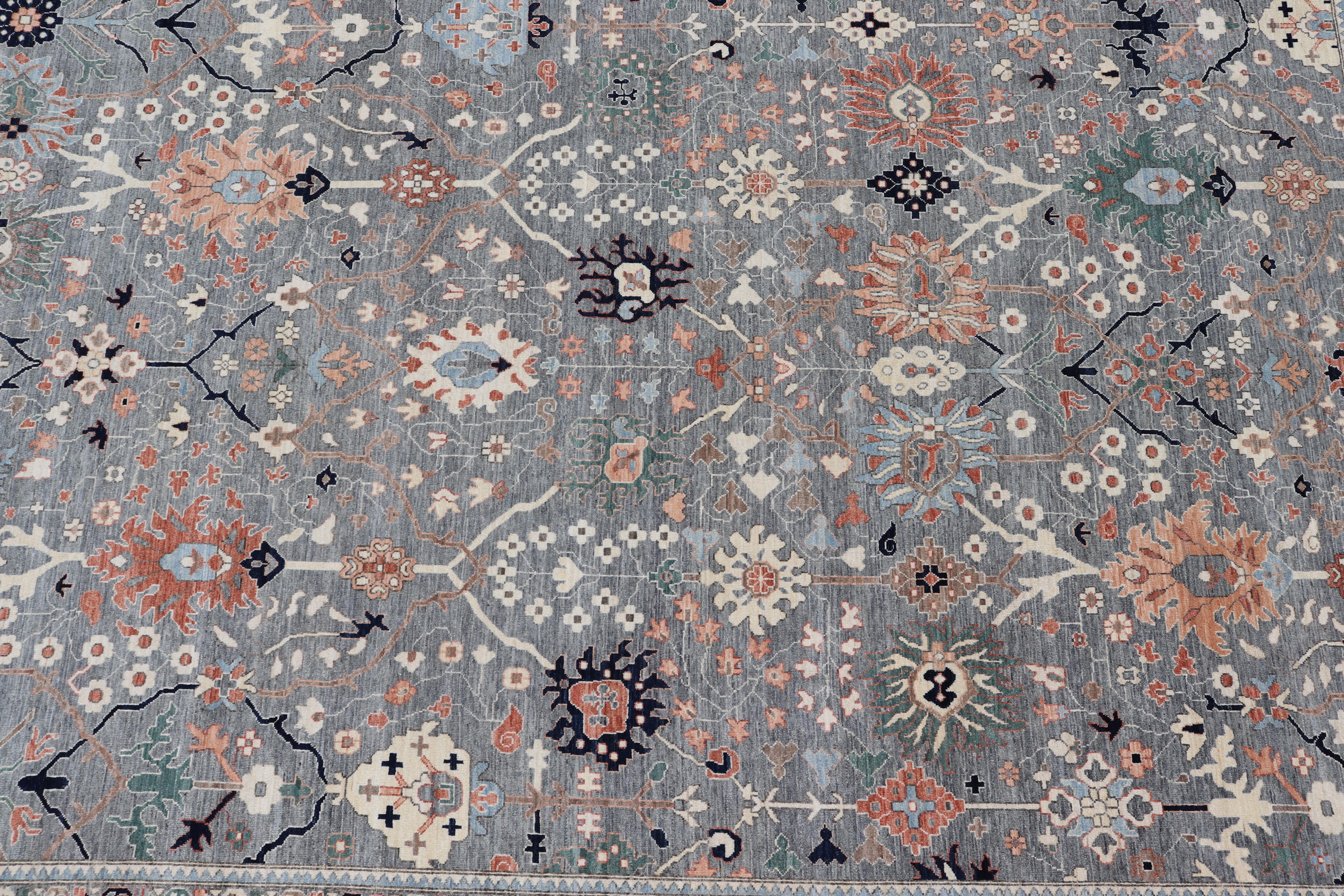 Large All-Over Designed Oushak with A Gray Background and Bright Motifs For Sale 7