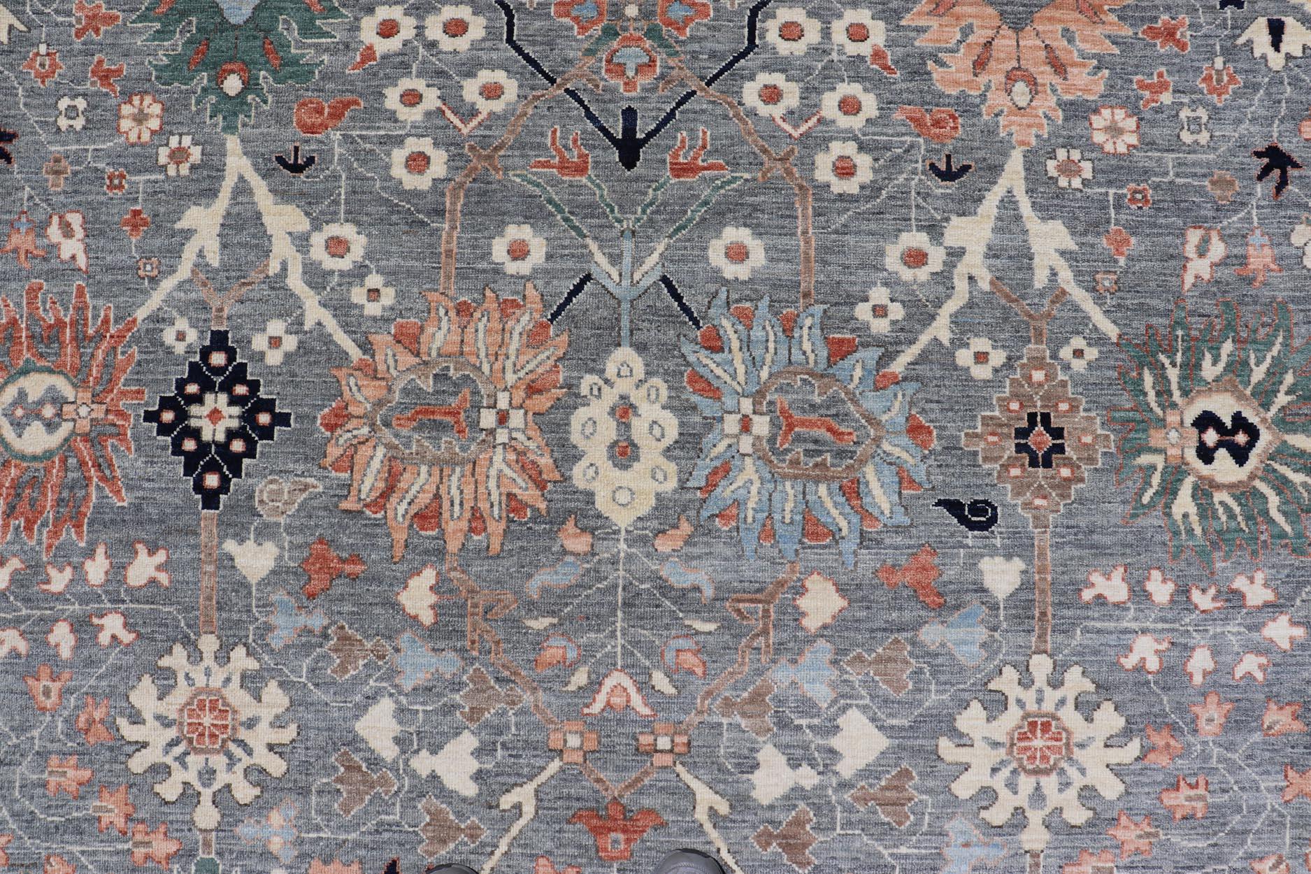 Large All-Over Designed Oushak with A Gray Background and Bright Motifs For Sale 8