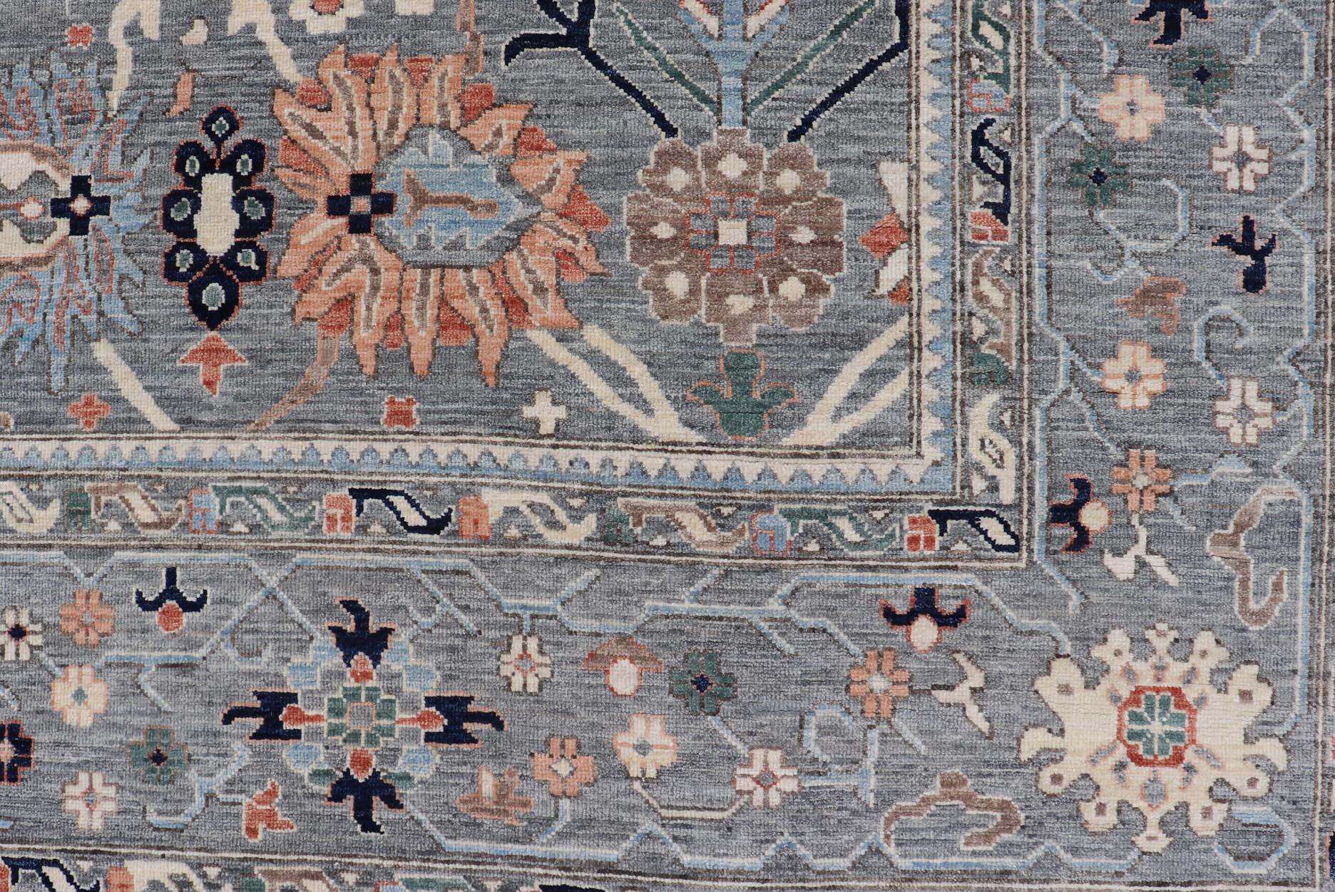 Hand-Knotted Large All-Over Designed Oushak with A Gray Background and Bright Motifs For Sale
