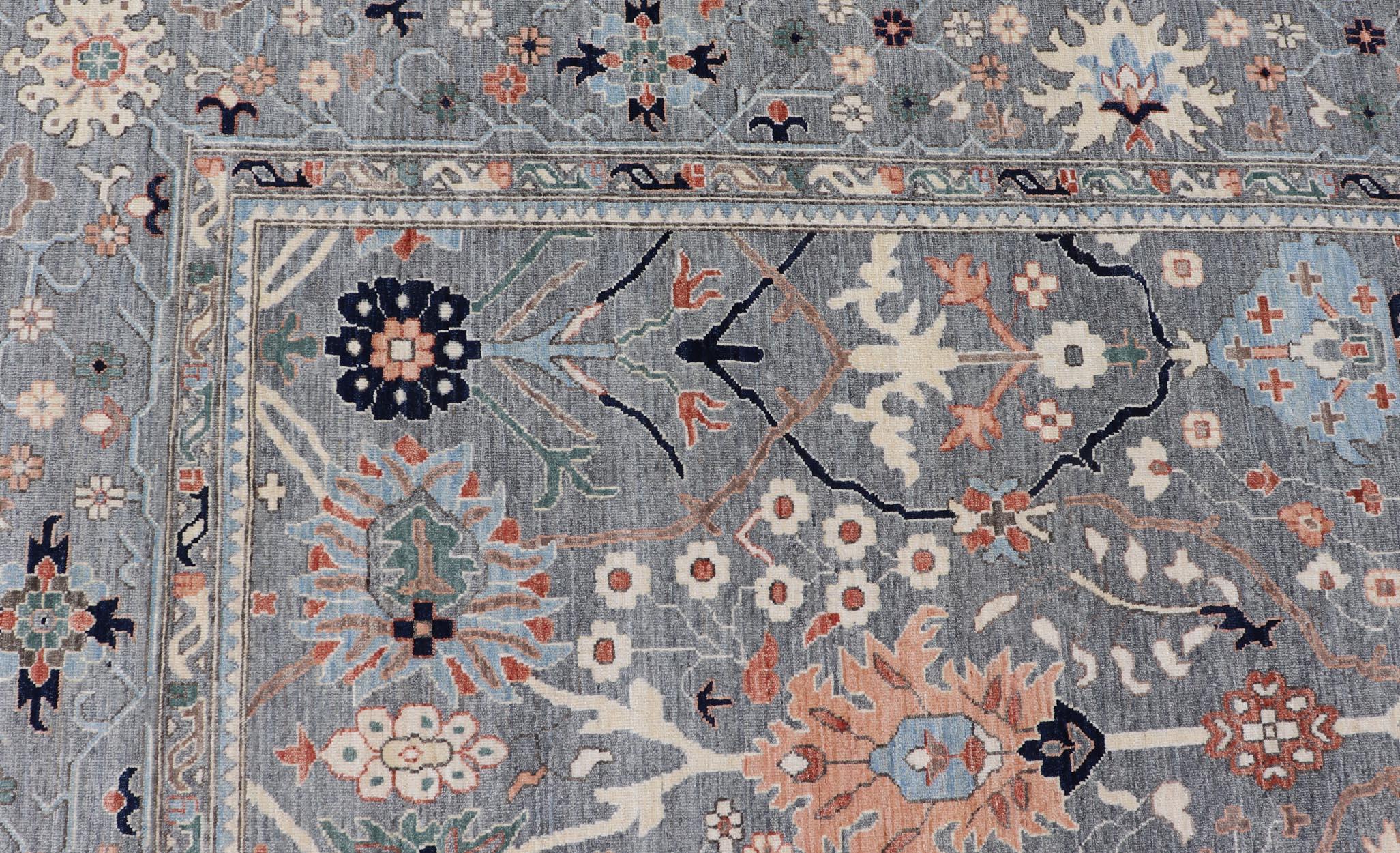 Large All-Over Designed Oushak with A Gray Background and Bright Motifs In New Condition For Sale In Atlanta, GA