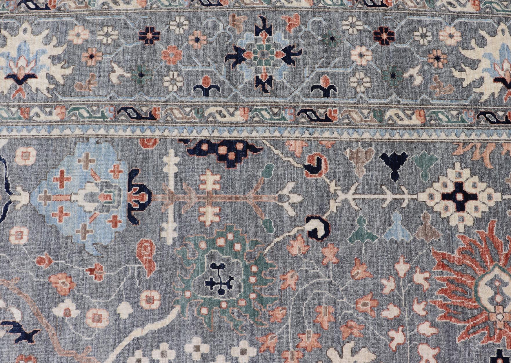 Contemporary Large All-Over Designed Oushak with A Gray Background and Bright Motifs For Sale