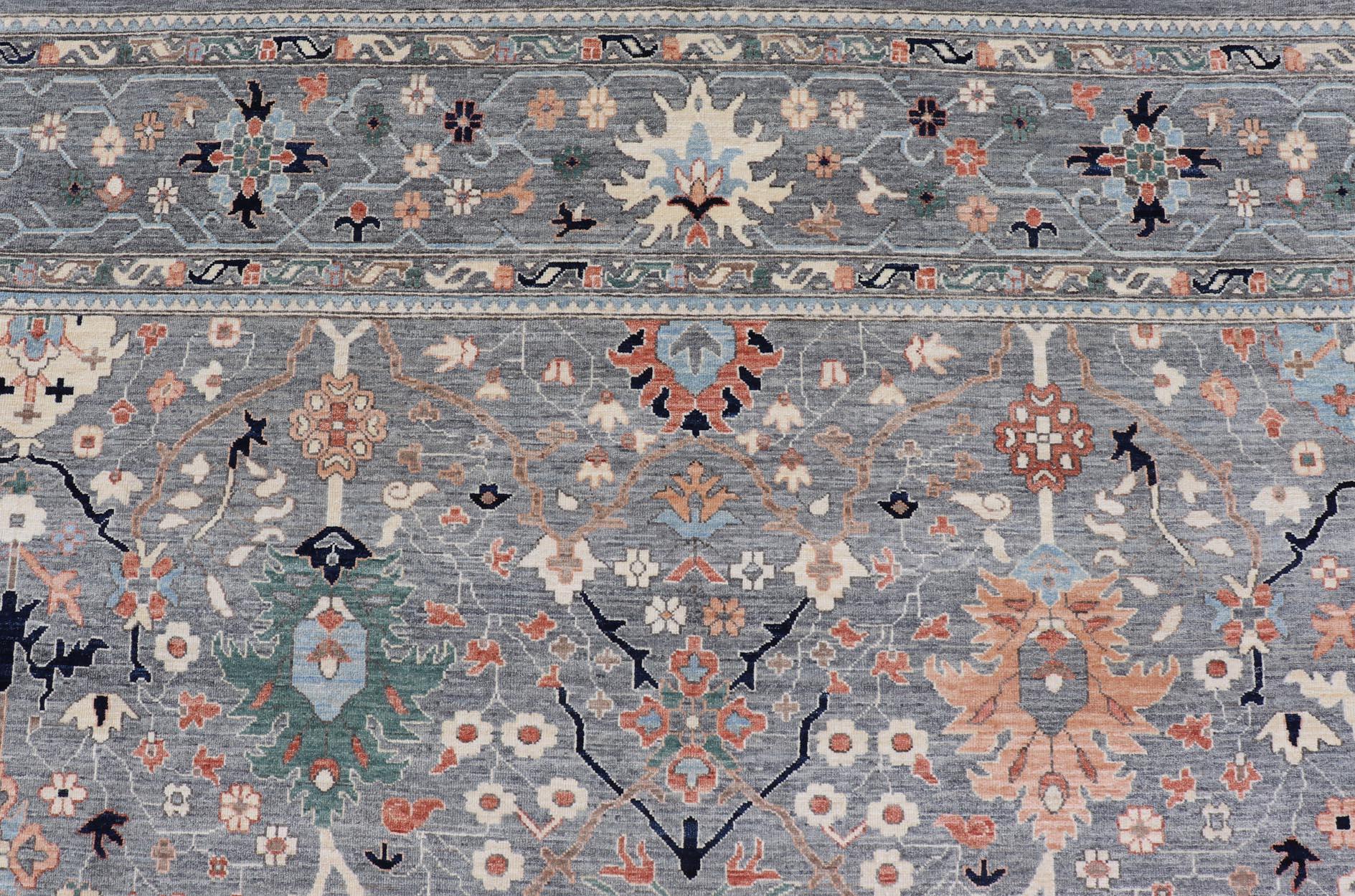 Wool Large All-Over Designed Oushak with A Gray Background and Bright Motifs For Sale