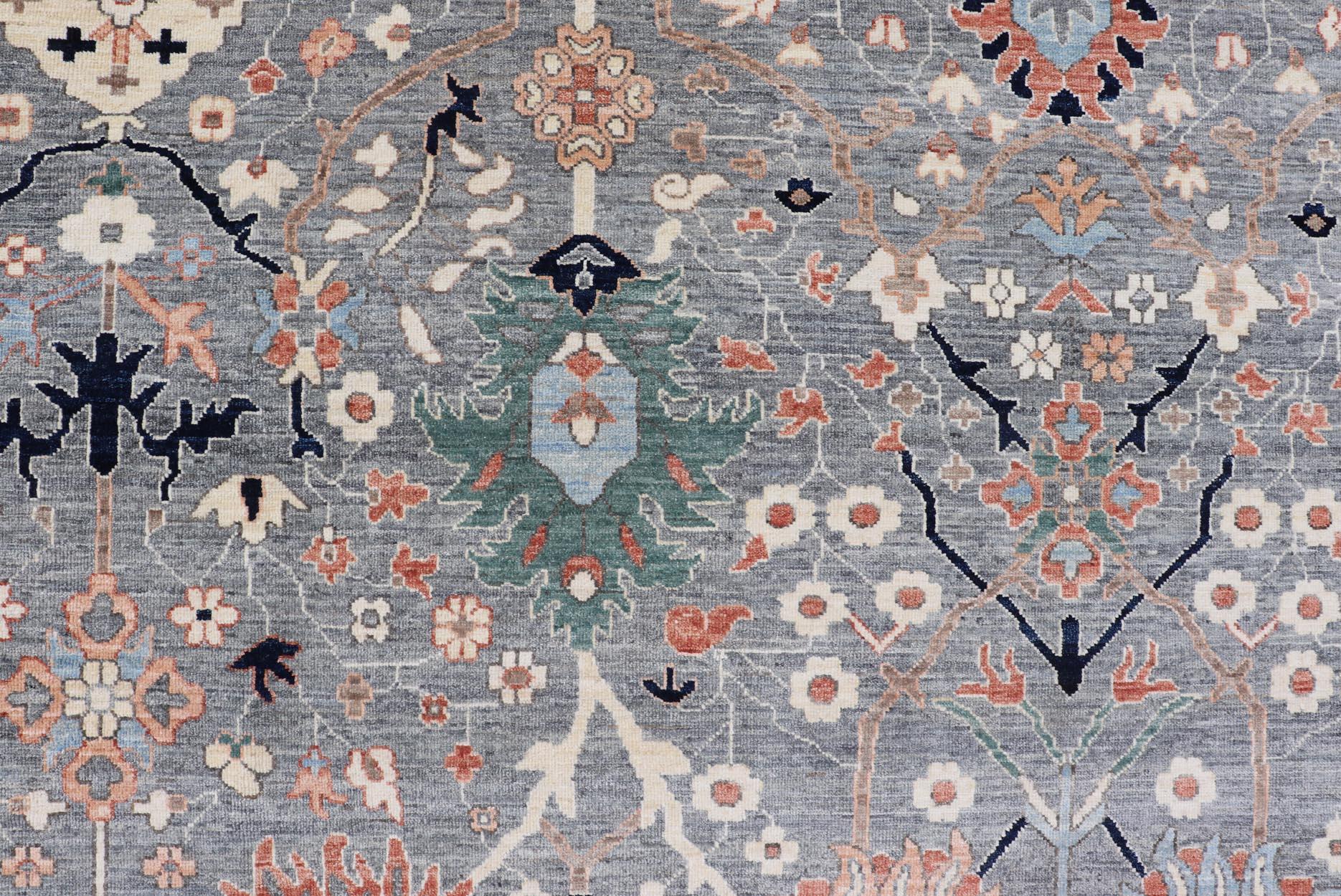 Large All-Over Designed Oushak with A Gray Background and Bright Motifs For Sale 1