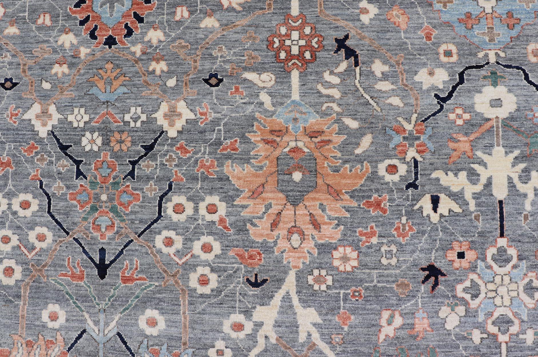Large All-Over Designed Oushak with A Gray Background and Bright Motifs For Sale 2
