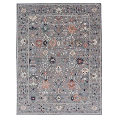 Large All-Over Designed Oushak with A Gray Background and Bright Motifs