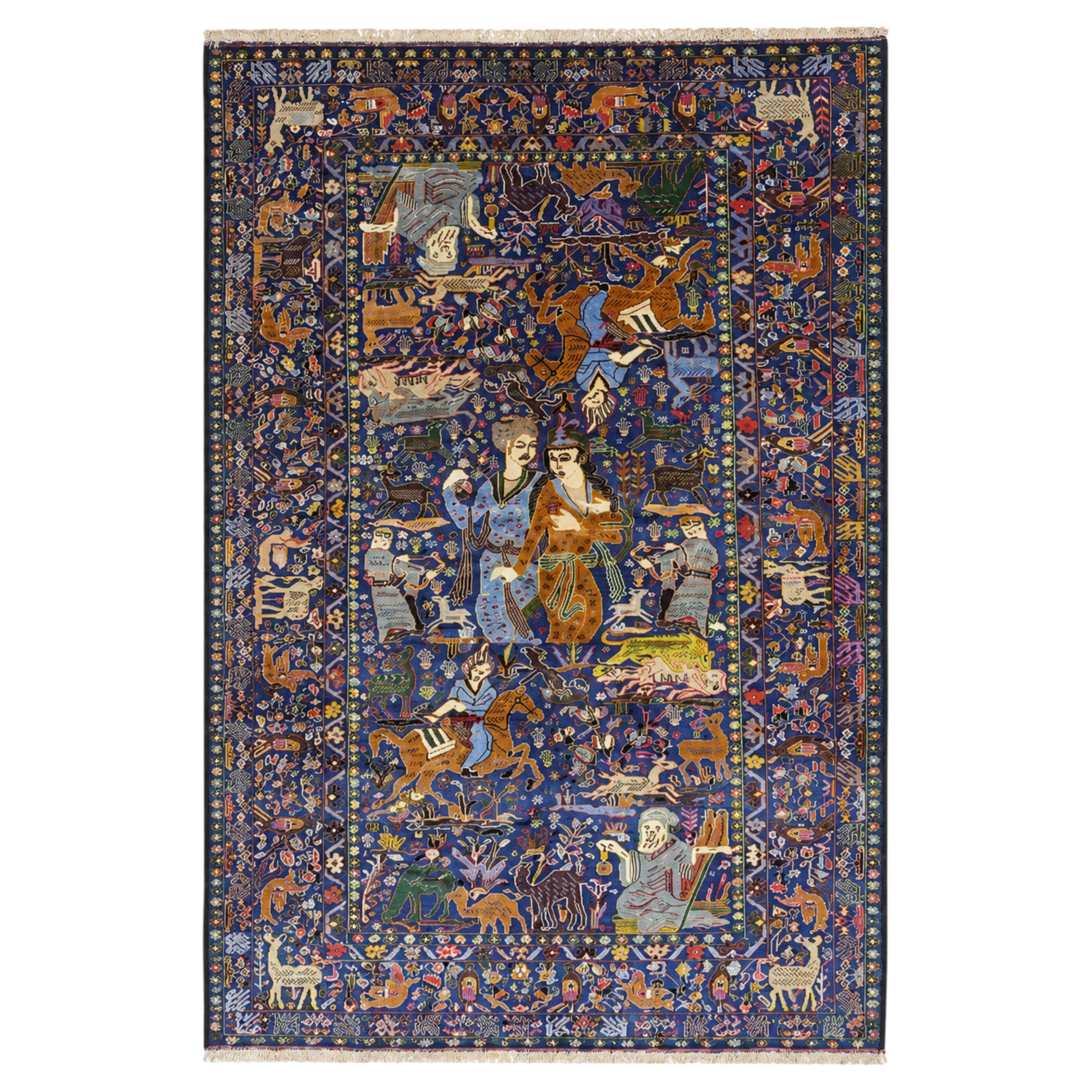Large Afghan Baluch Pictorial Hunting Scene Rug with Figures and Animals