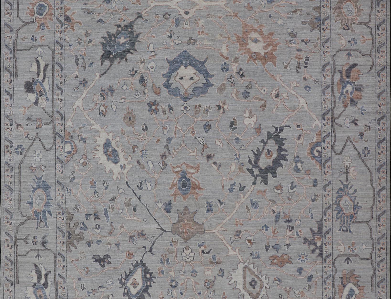 Afghan Large Floral Oushak with Muted Background in Wool With All-Over Design For Sale