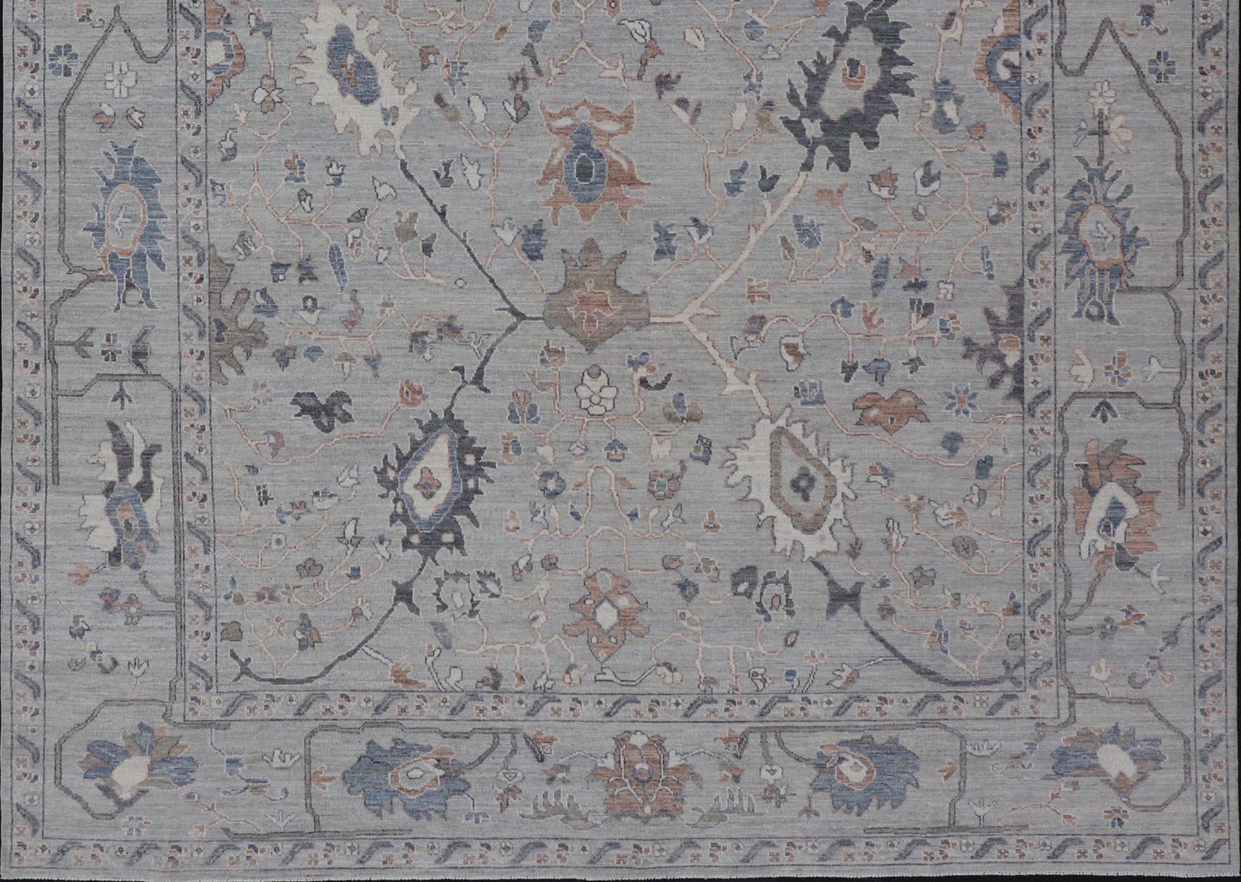 Hand-Knotted Large Floral Oushak with Muted Background in Wool With All-Over Design For Sale